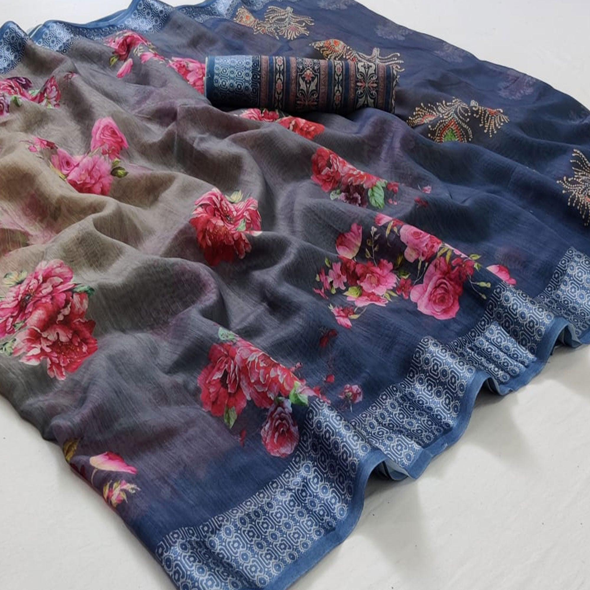 Blue-Grey Casual Wear Floral Digital Printed Linen Saree - Peachmode