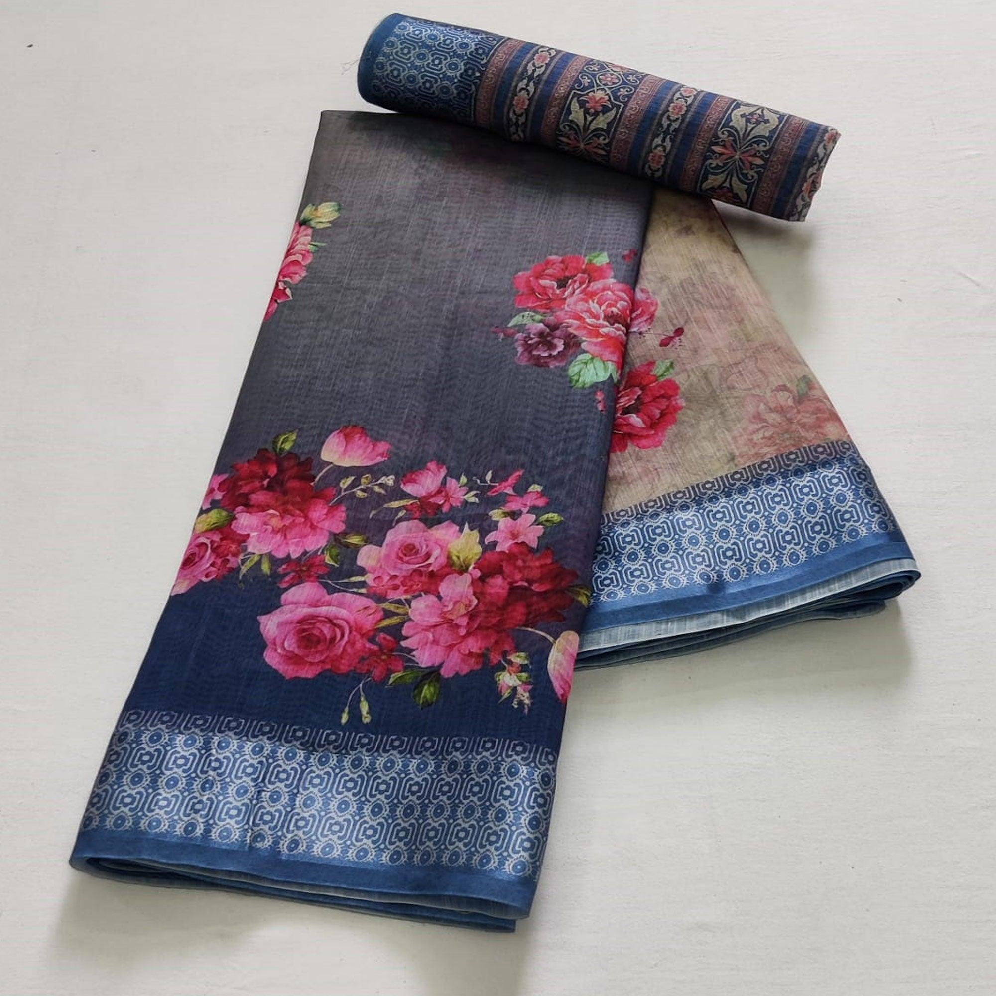 Blue-Grey Casual Wear Floral Digital Printed Linen Saree - Peachmode