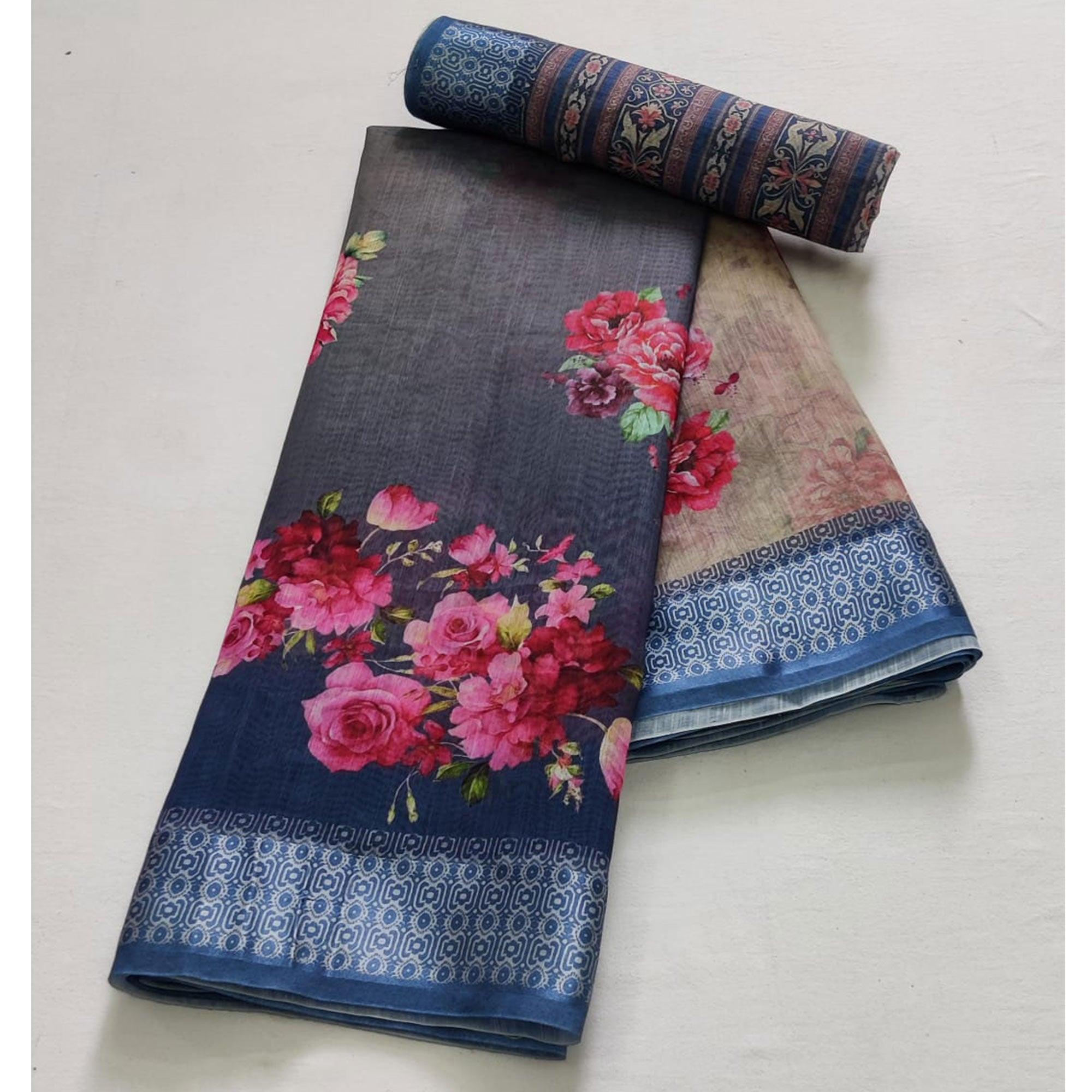 Blue-Grey Casual Wear Floral Digital Printed Linen Saree - Peachmode