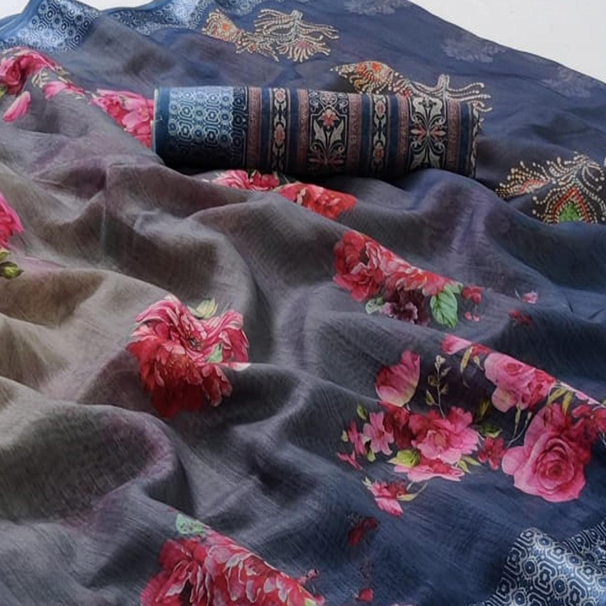 Blue-Grey Casual Wear Floral Digital Printed Linen Saree - Peachmode
