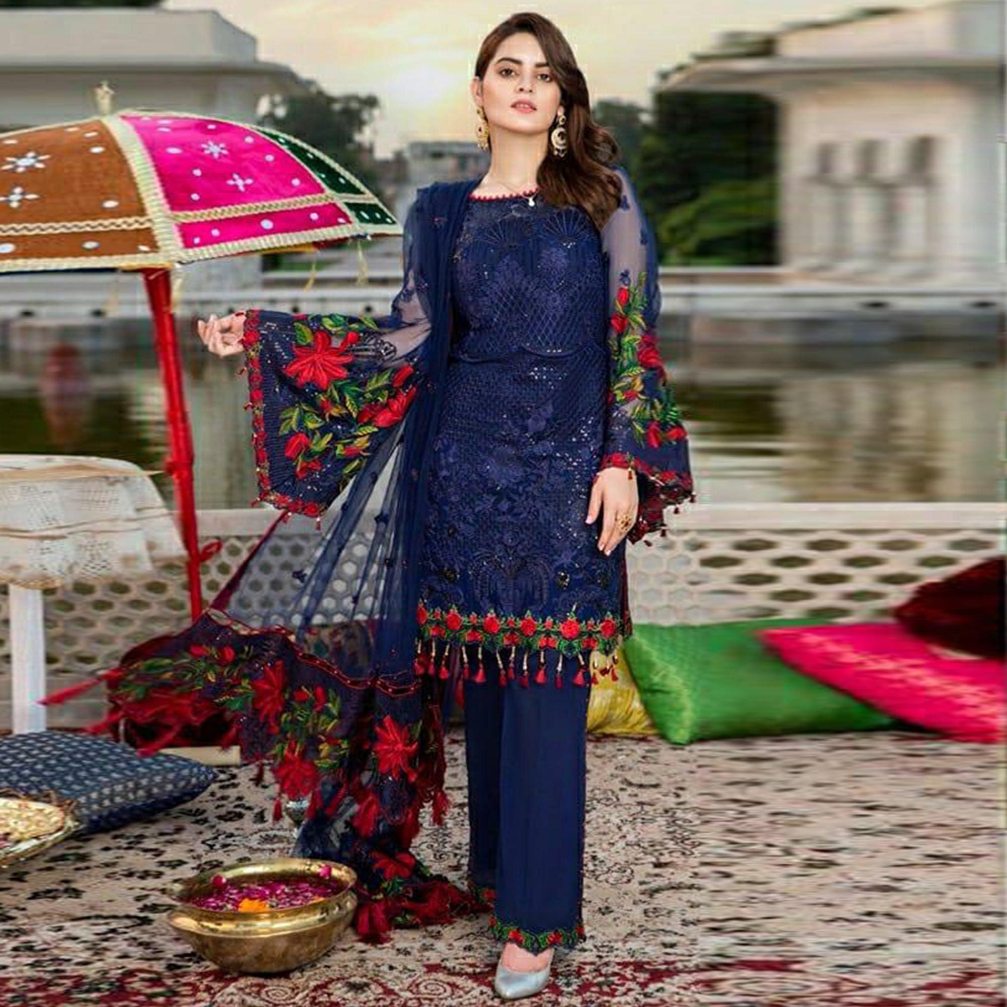 Blue Heavy Floral Embroidery Work Georgette Partywear Suit - Peachmode