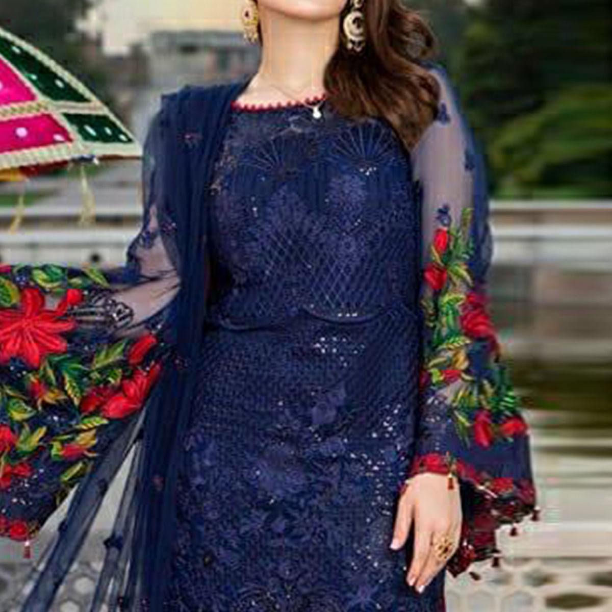 Blue Heavy Floral Embroidery Work Georgette Partywear Suit - Peachmode