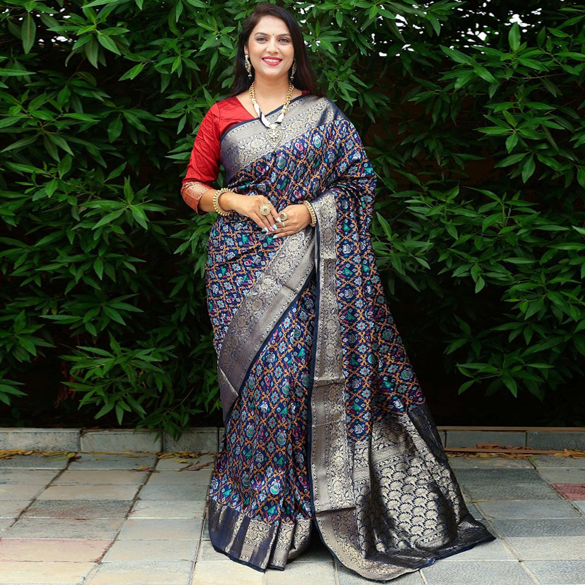 Blue Ikkat Printed Art Silk Saree - Peachmode