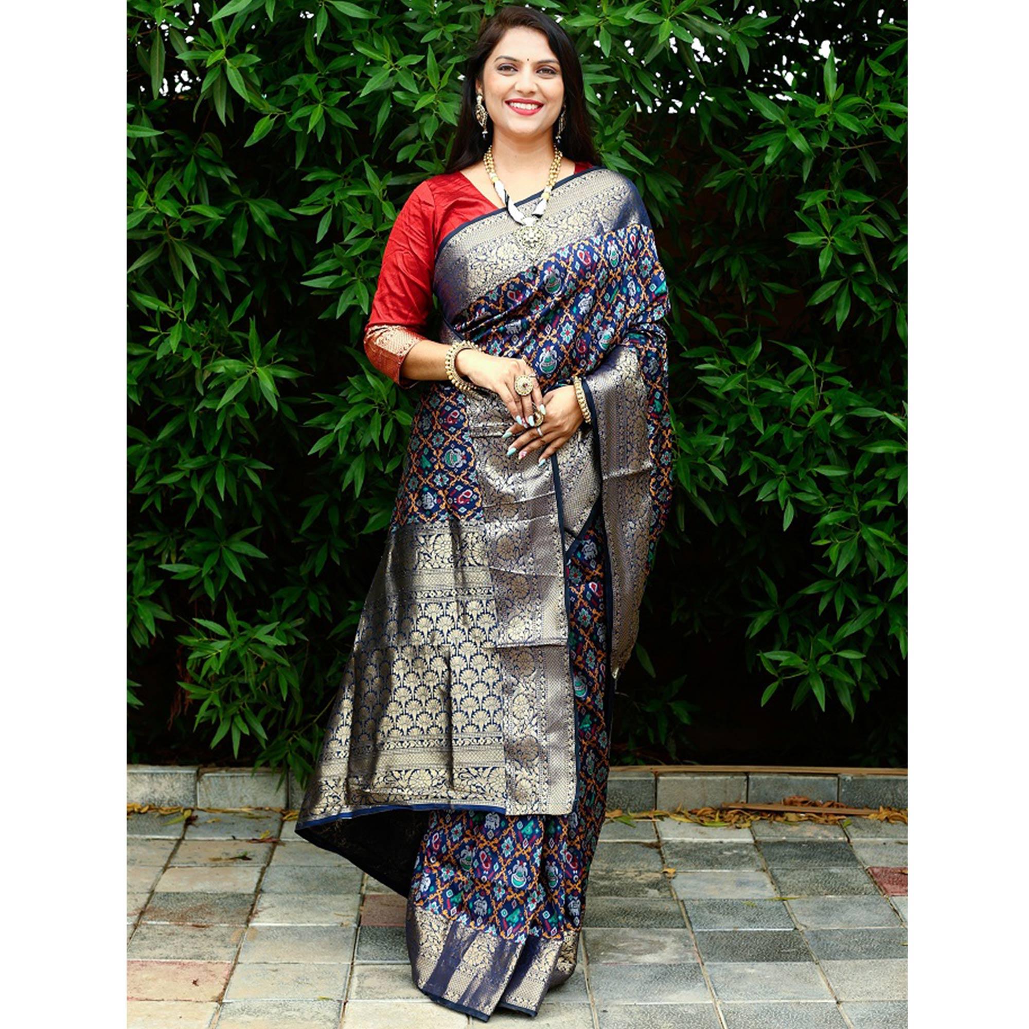 Blue Ikkat Printed Art Silk Saree - Peachmode