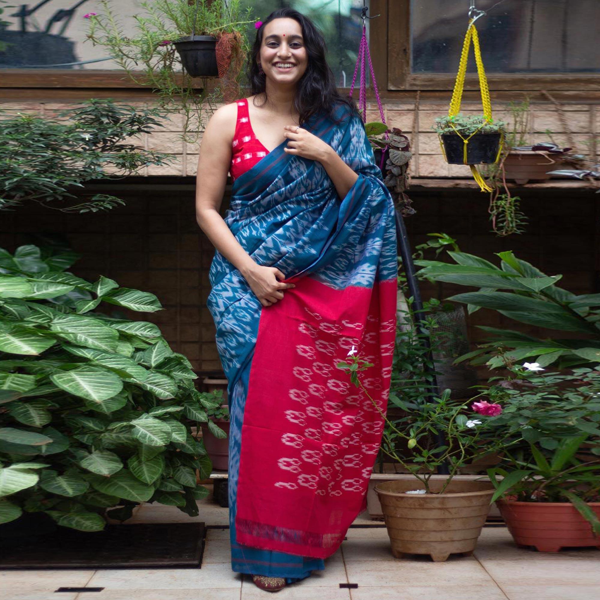 Blue Ikkat Printed Linen Saree - Peachmode