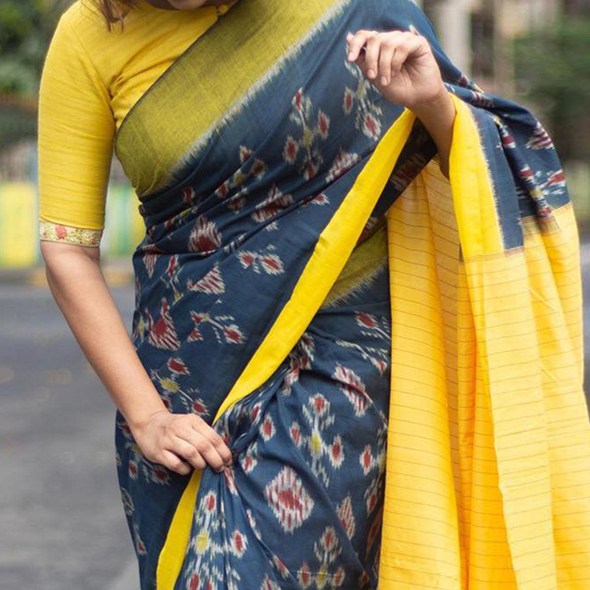 Blue Ikkat Printed Linen Saree - Peachmode