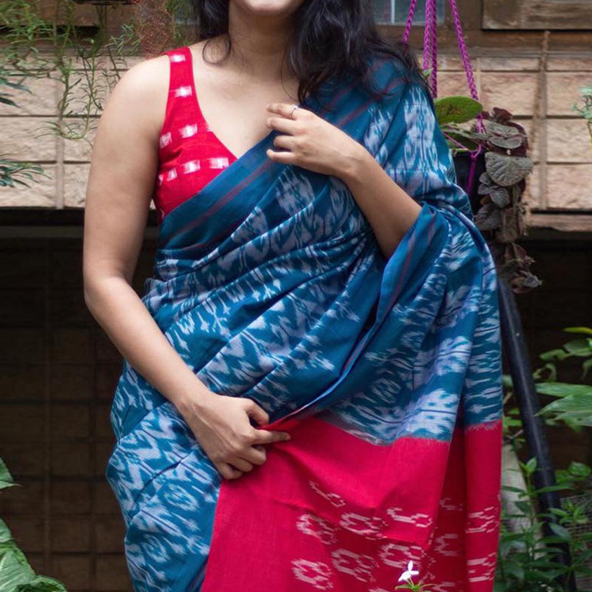 Blue Ikkat Printed Linen Saree - Peachmode