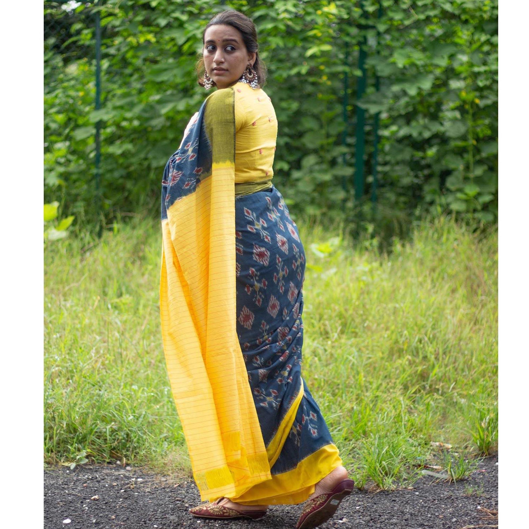 Blue Ikkat Printed Linen Saree - Peachmode