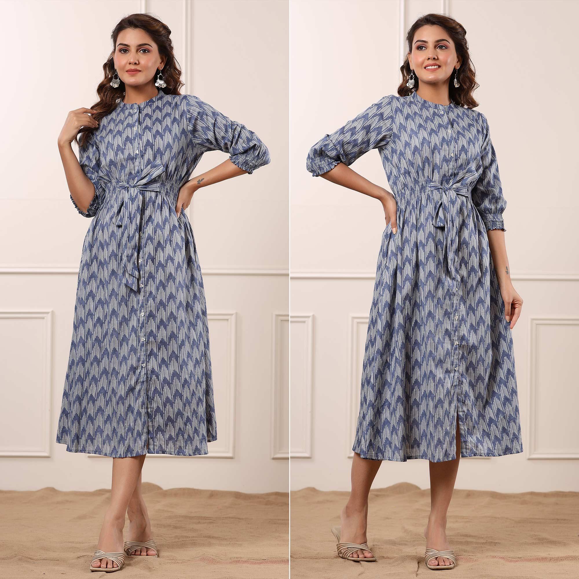 Blue Ikkat Printed Pure Cotton Dress - Peachmode