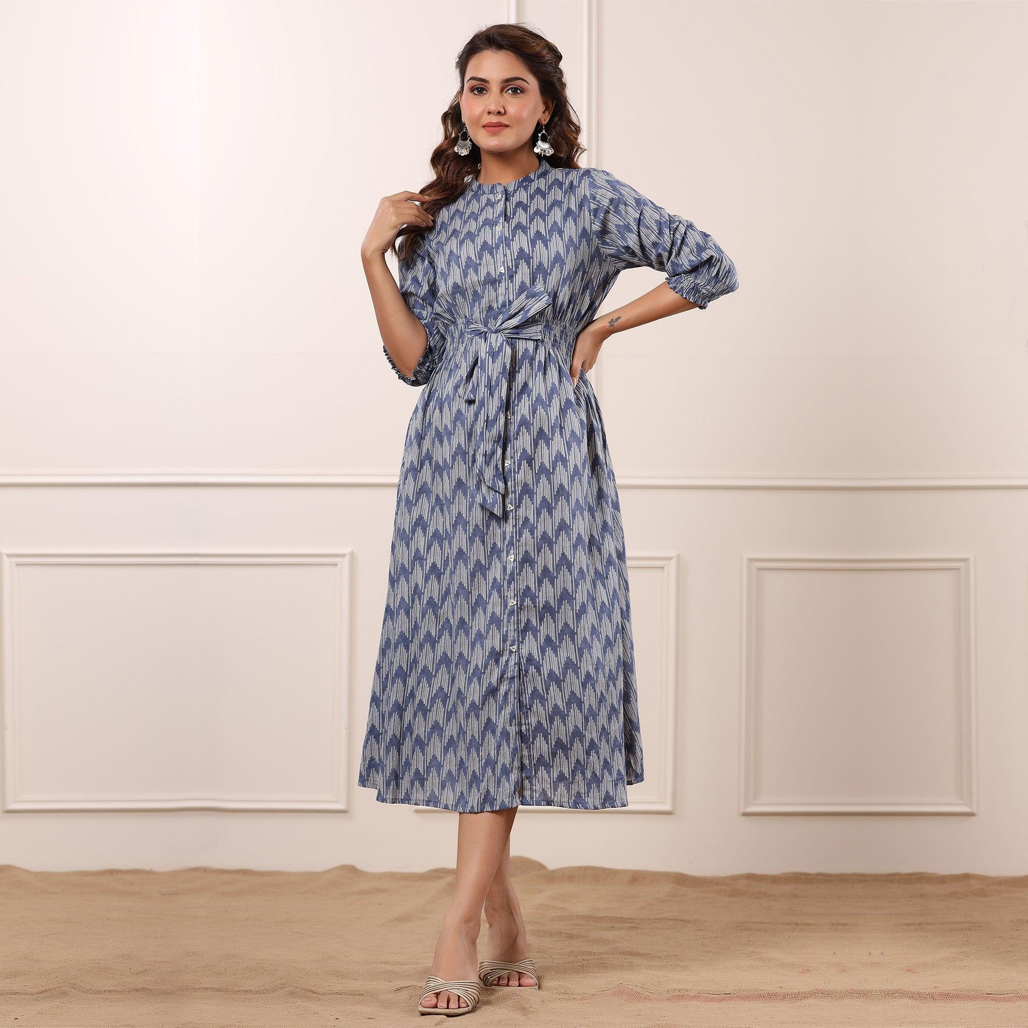 Blue Ikkat Printed Pure Cotton Dress - Peachmode