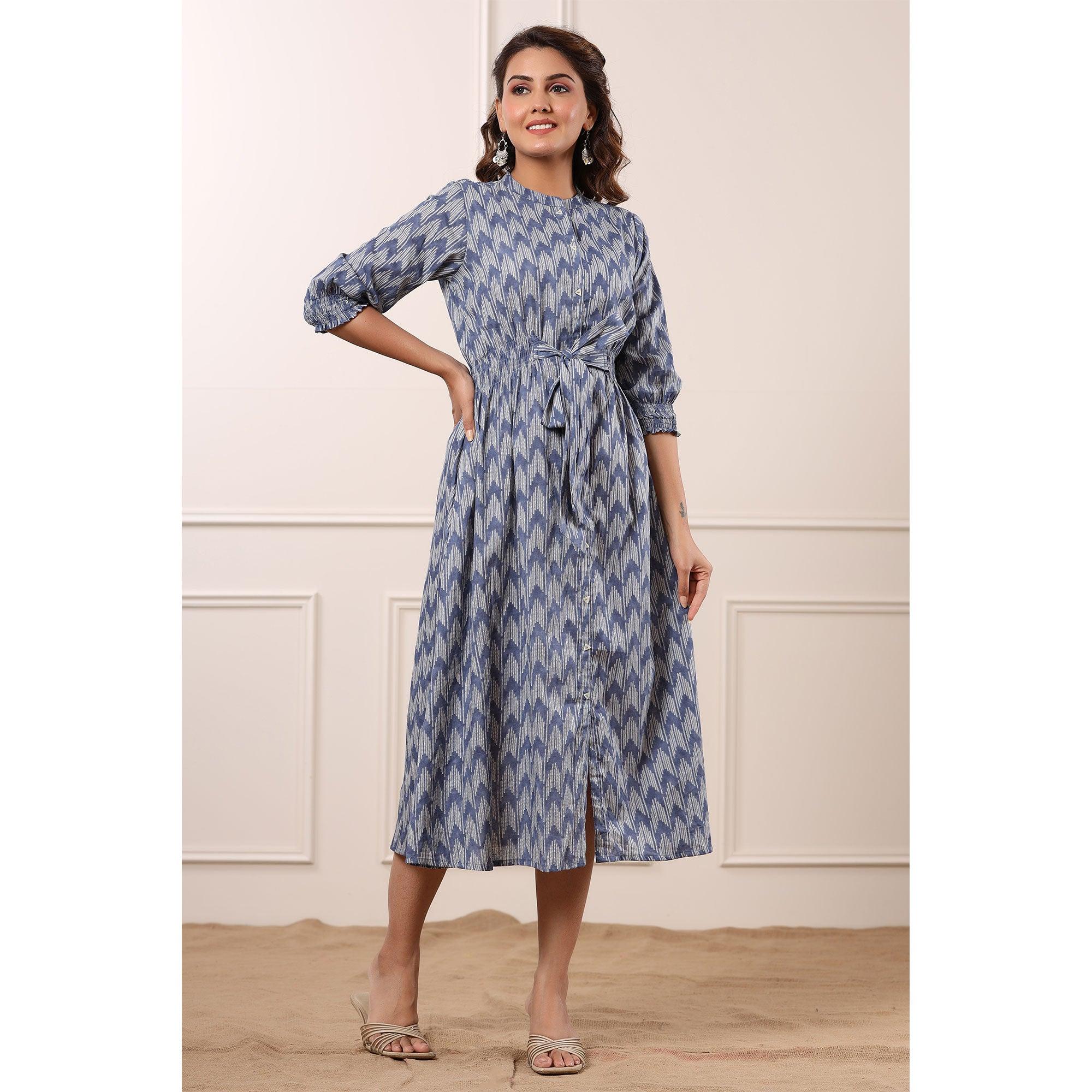 Blue Ikkat Printed Pure Cotton Dress - Peachmode