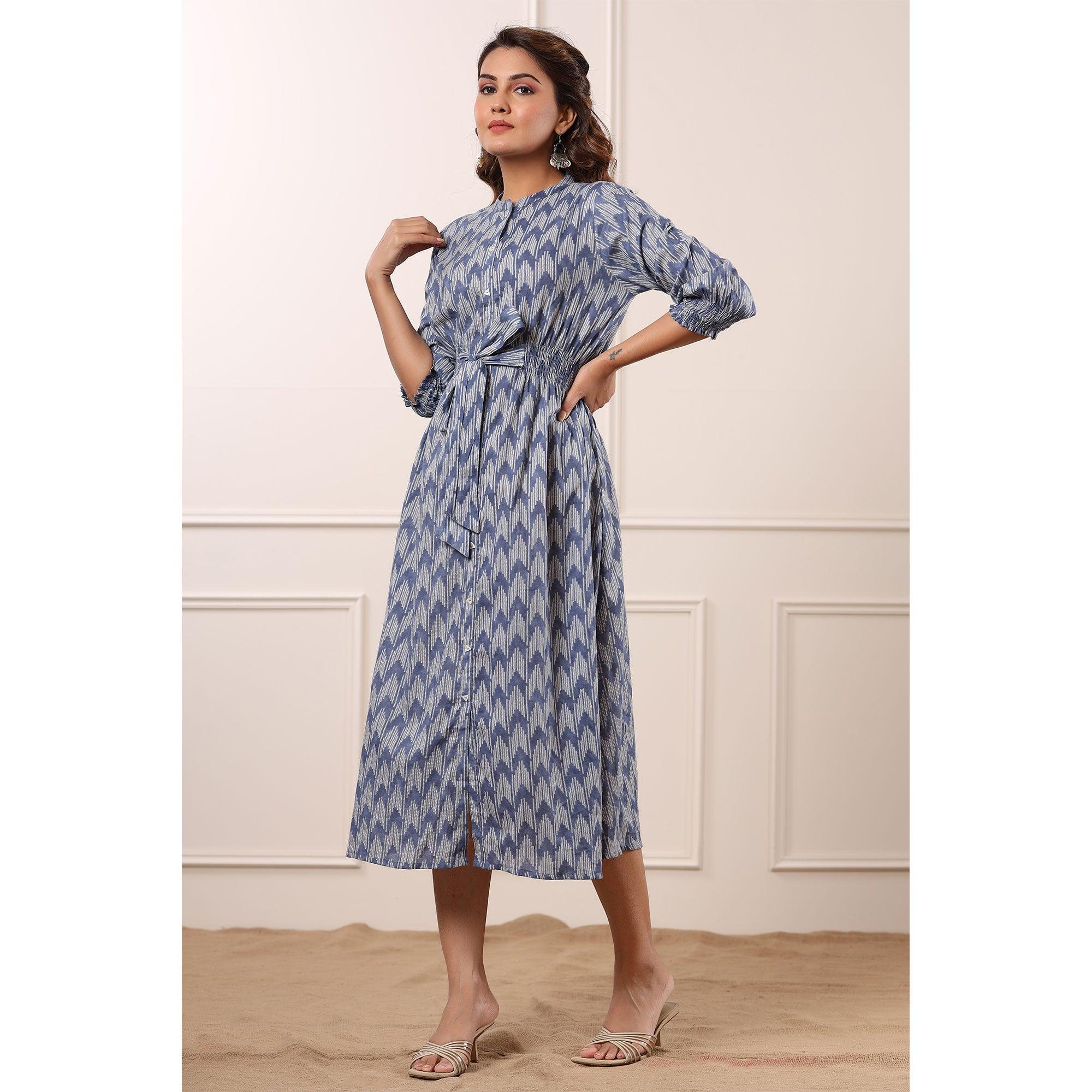 Blue Ikkat Printed Pure Cotton Dress - Peachmode