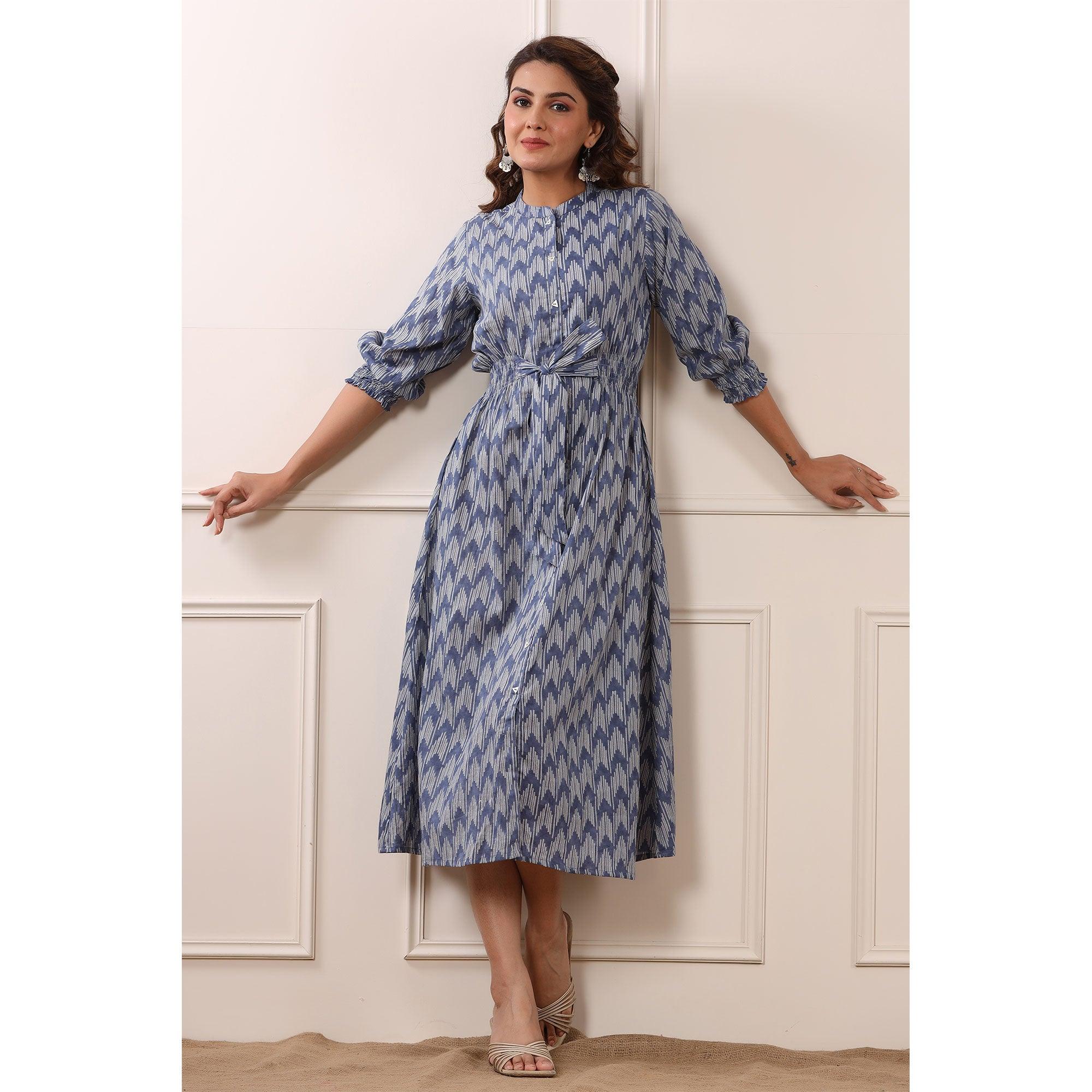 Blue Ikkat Printed Pure Cotton Dress - Peachmode