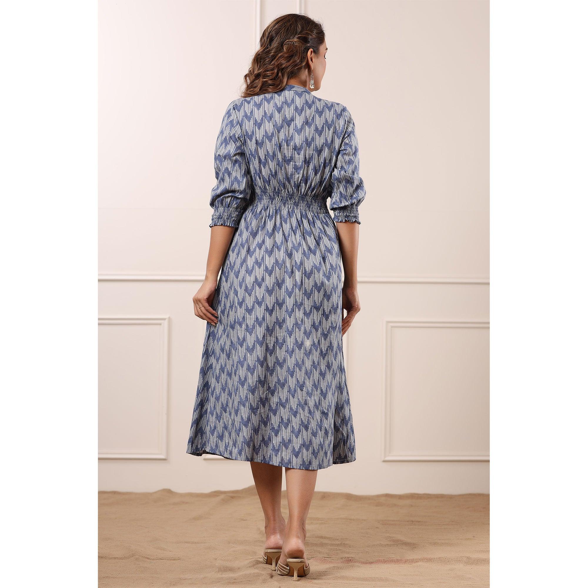 Blue Ikkat Printed Pure Cotton Dress - Peachmode