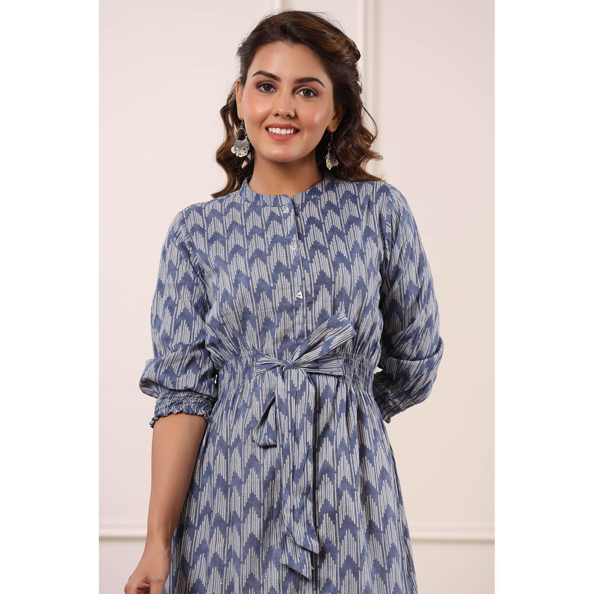 Blue Ikkat Printed Pure Cotton Dress - Peachmode