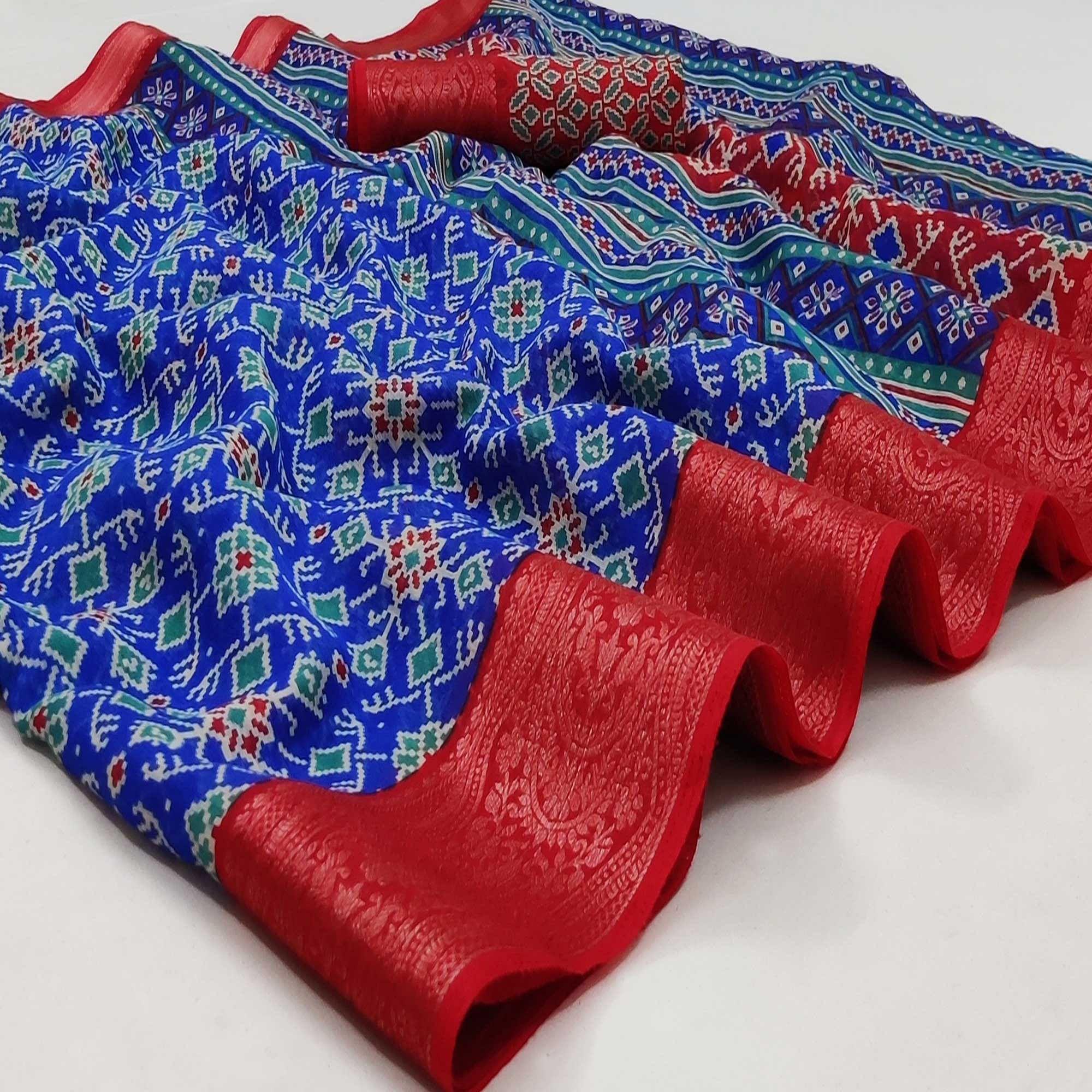 Blue Ikkat Printed Pure Cotton Saree - Peachmode