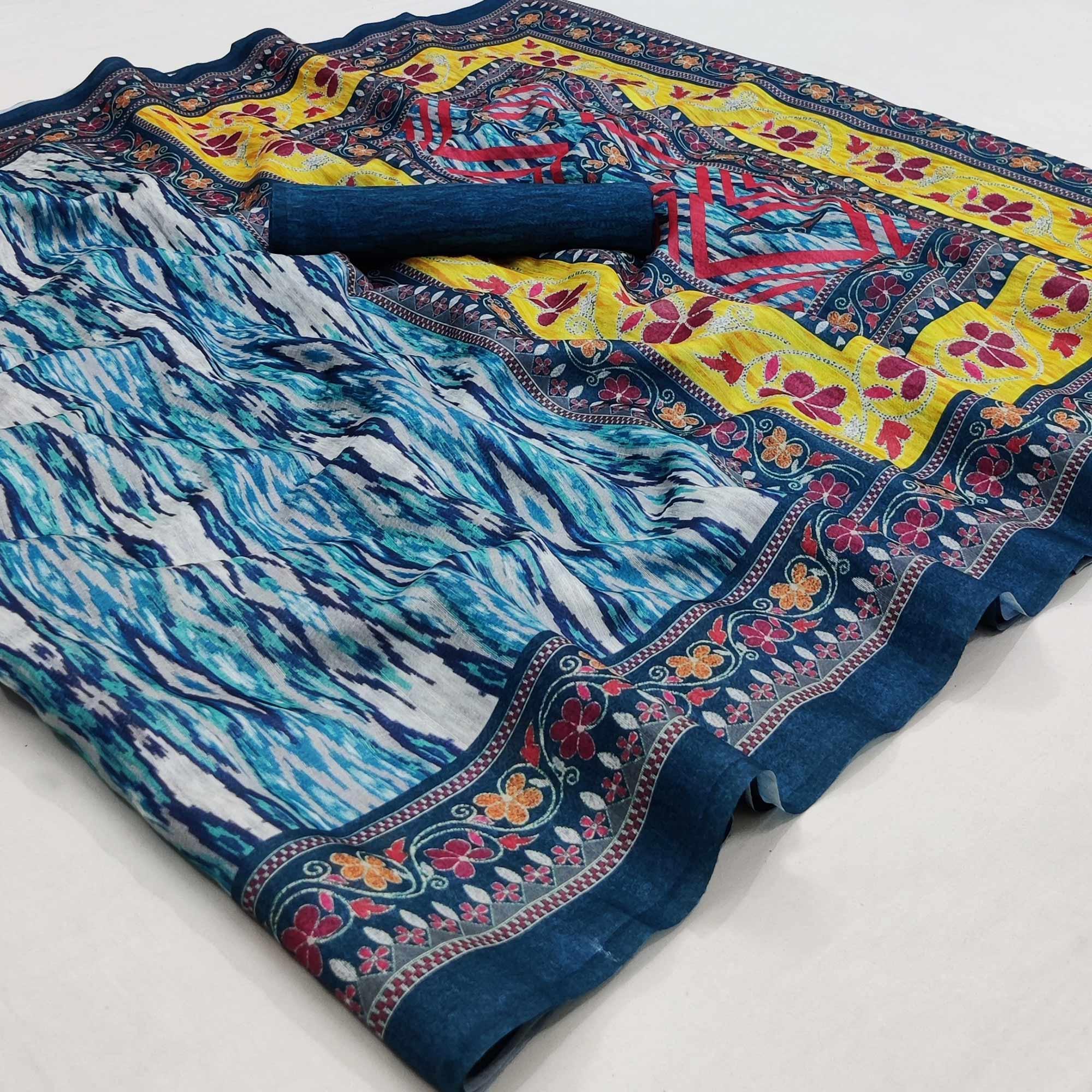 Blue Ikkat Printed Pure Cotton Saree - Peachmode