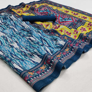 Blue Ikkat Printed Pure Cotton Saree - Peachmode
