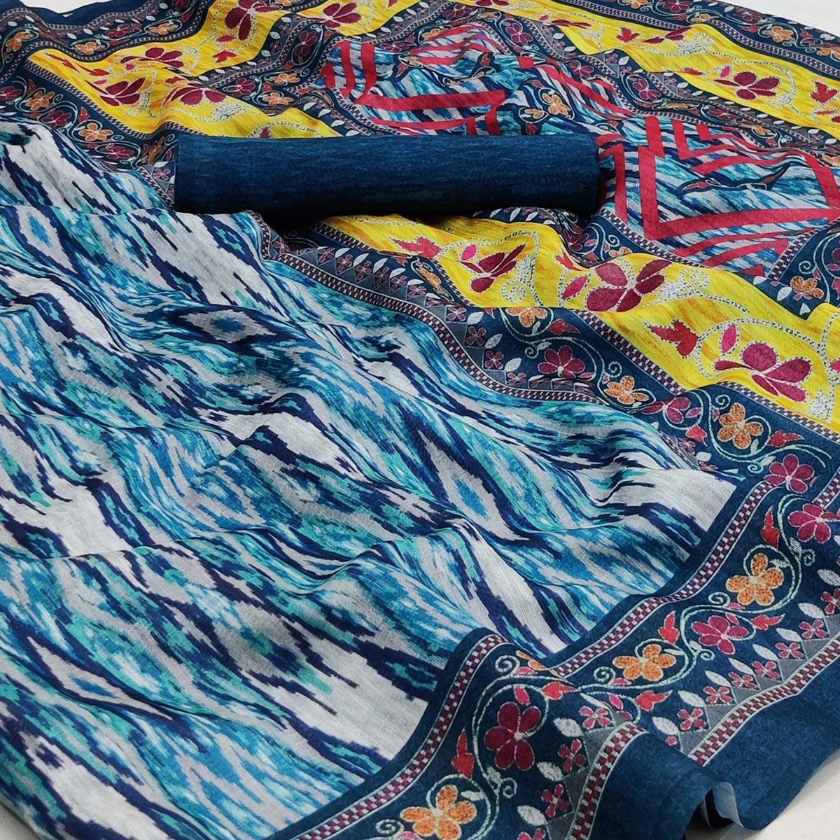 Blue Ikkat Printed Pure Cotton Saree - Peachmode