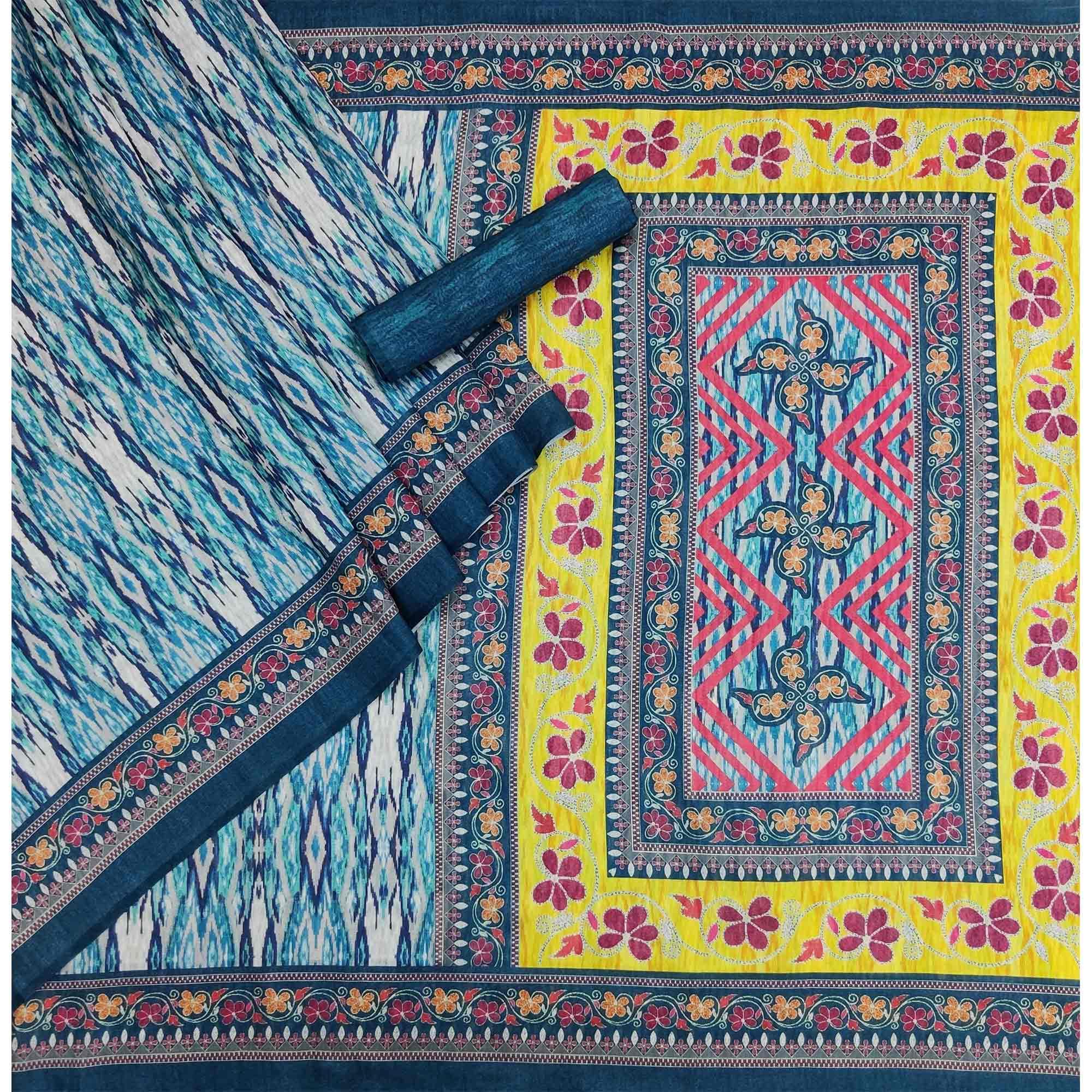 Blue Ikkat Printed Pure Cotton Saree - Peachmode