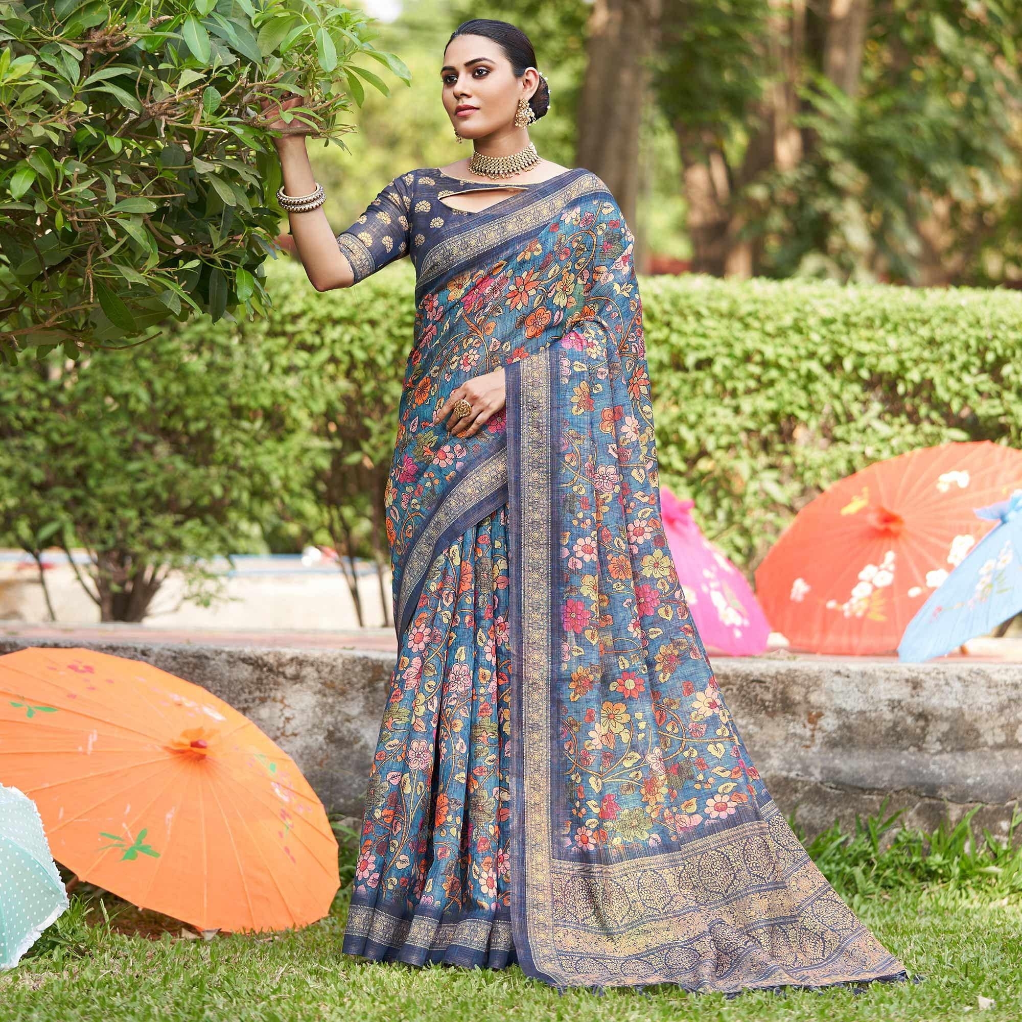 Blue Kalamkari Digital Printed Linen Saree With Tassels - Peachmode
