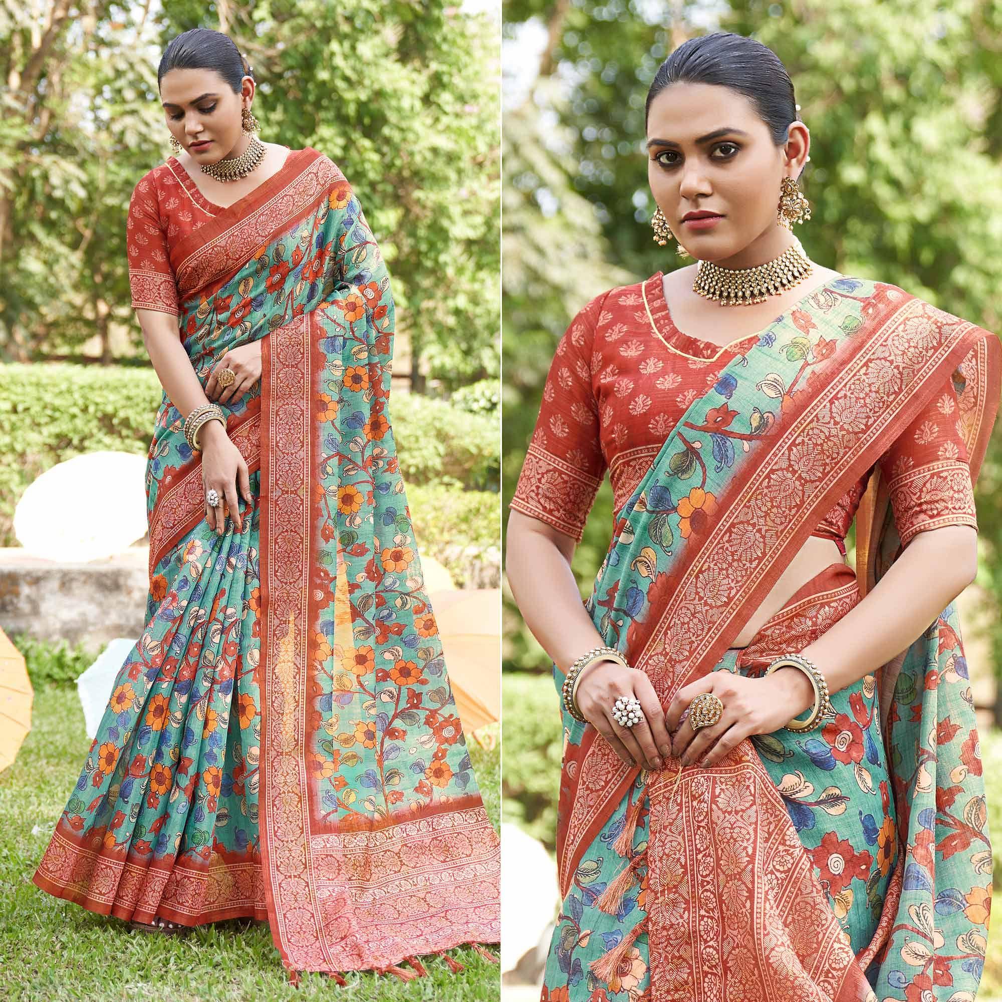 Blue Kalamkari Digital Printed Linen Saree With Tassels - Peachmode
