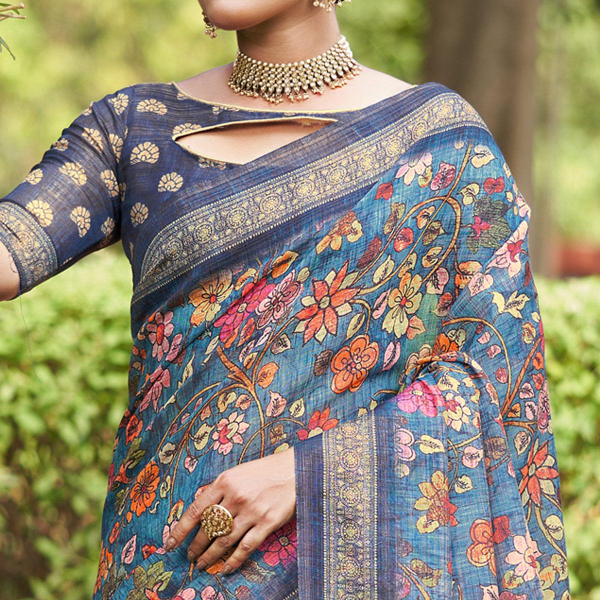 Blue Kalamkari Digital Printed Linen Saree With Tassels - Peachmode