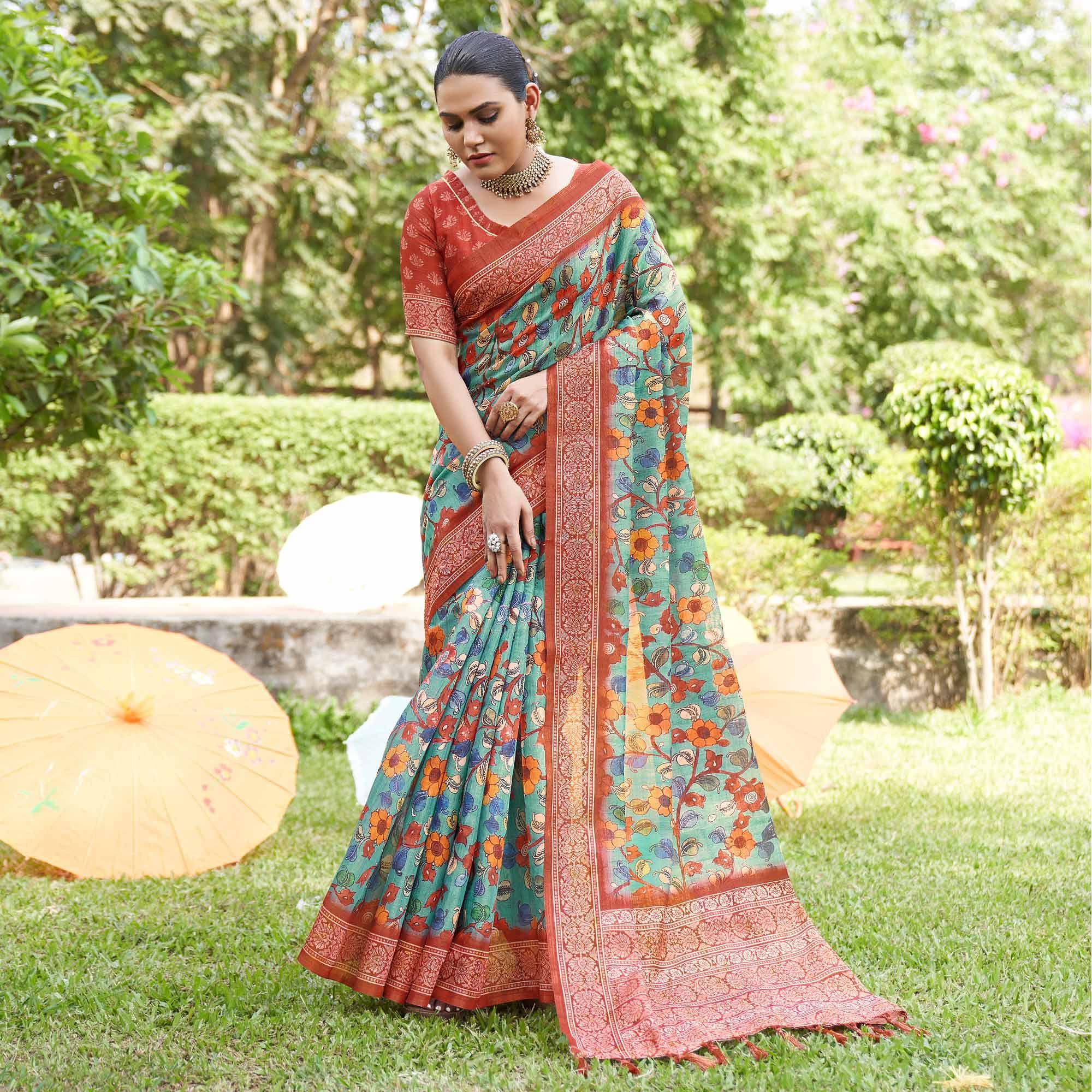 Blue Kalamkari Digital Printed Linen Saree With Tassels - Peachmode