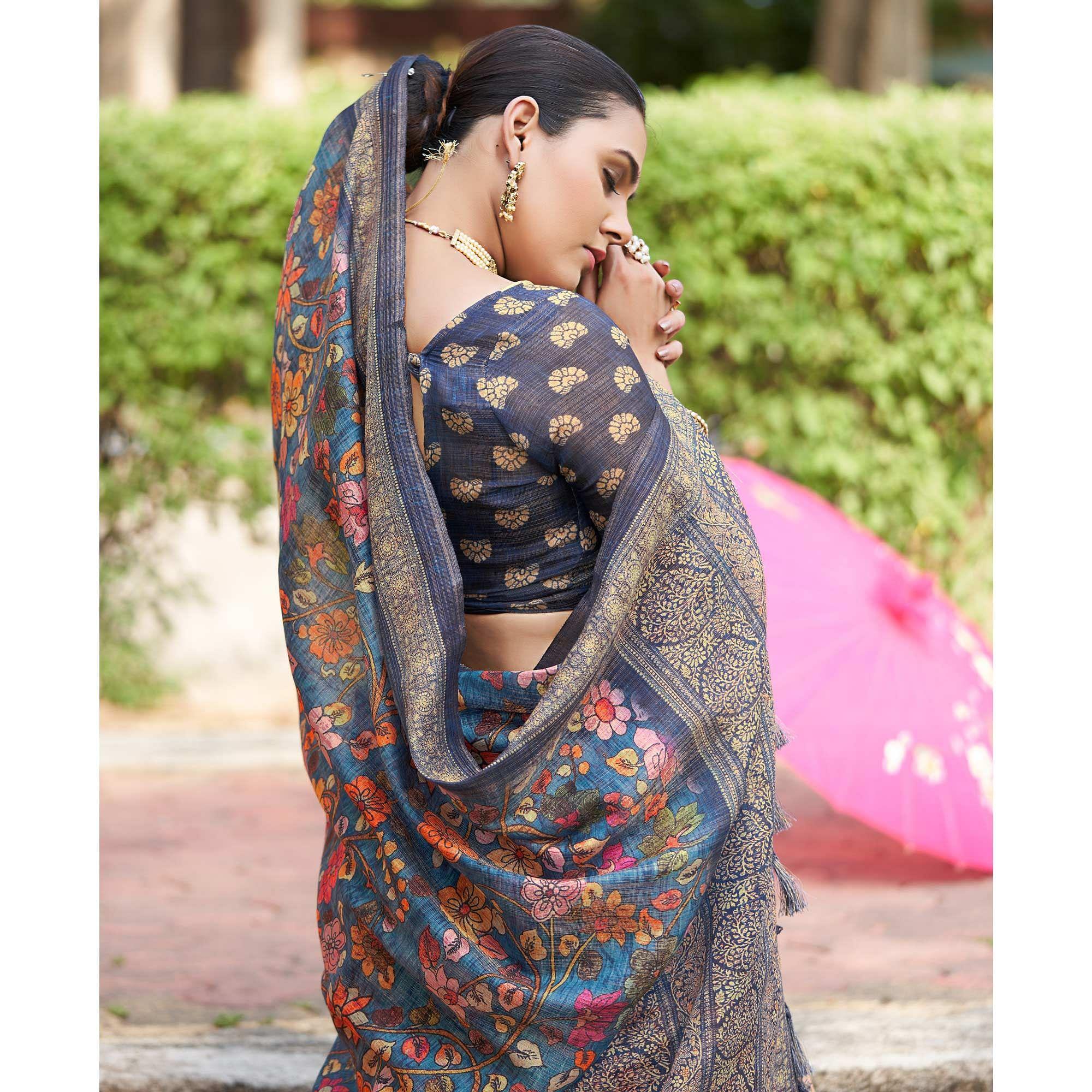 Blue Kalamkari Digital Printed Linen Saree With Tassels - Peachmode