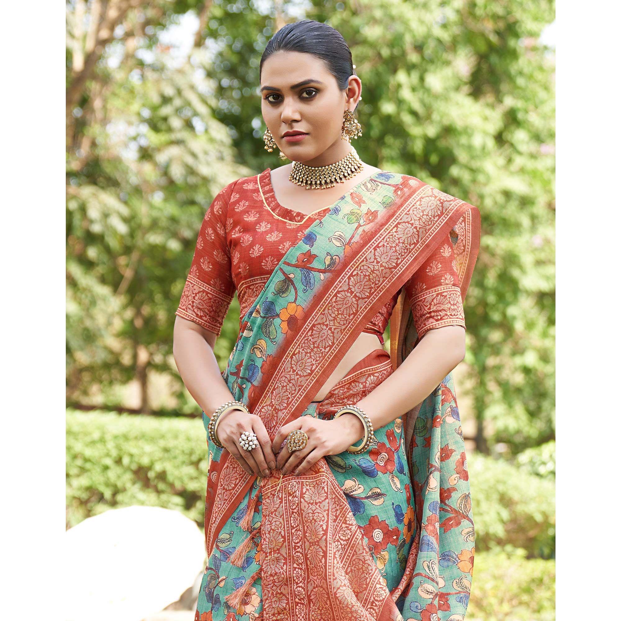 Blue Kalamkari Digital Printed Linen Saree With Tassels - Peachmode