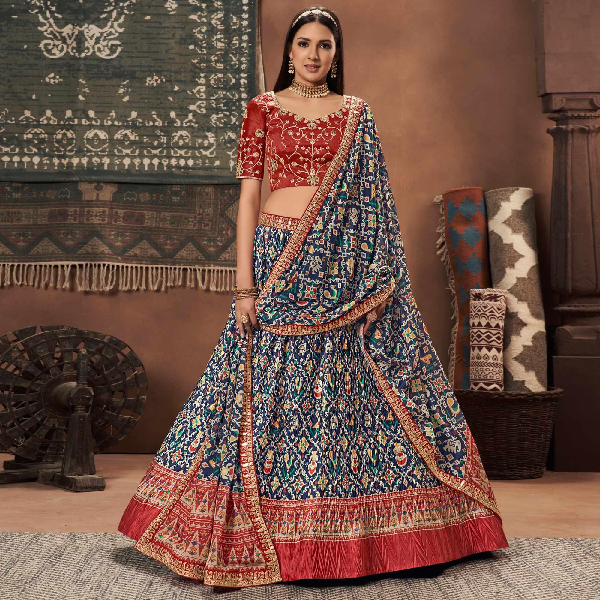 Blue Kalamkari Printed Art Silk Lehenga Choli