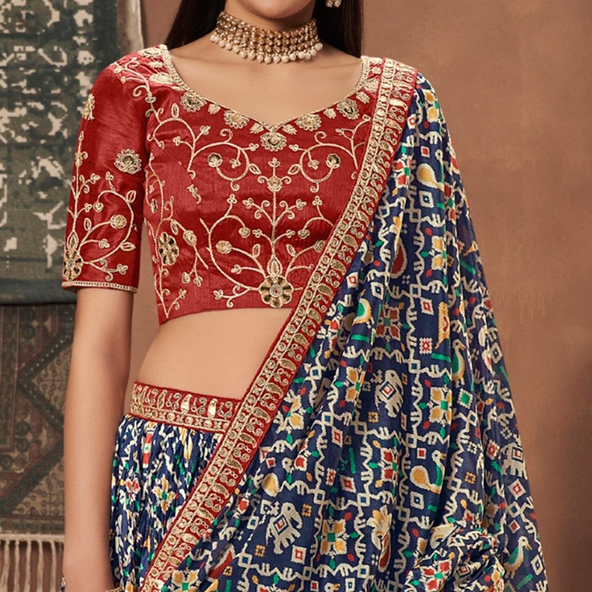 Blue Kalamkari Printed Art Silk Lehenga Choli - Peachmode