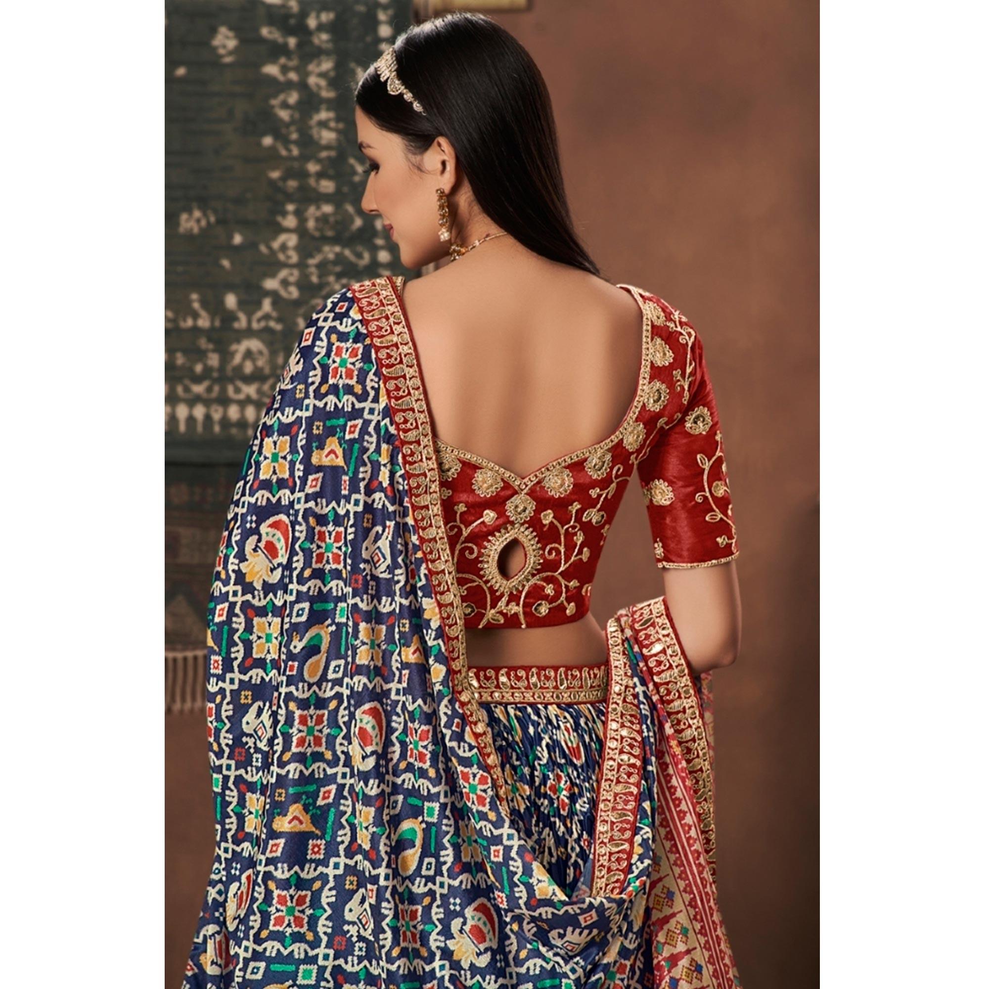 Blue Kalamkari Printed Art Silk Lehenga Choli - Peachmode
