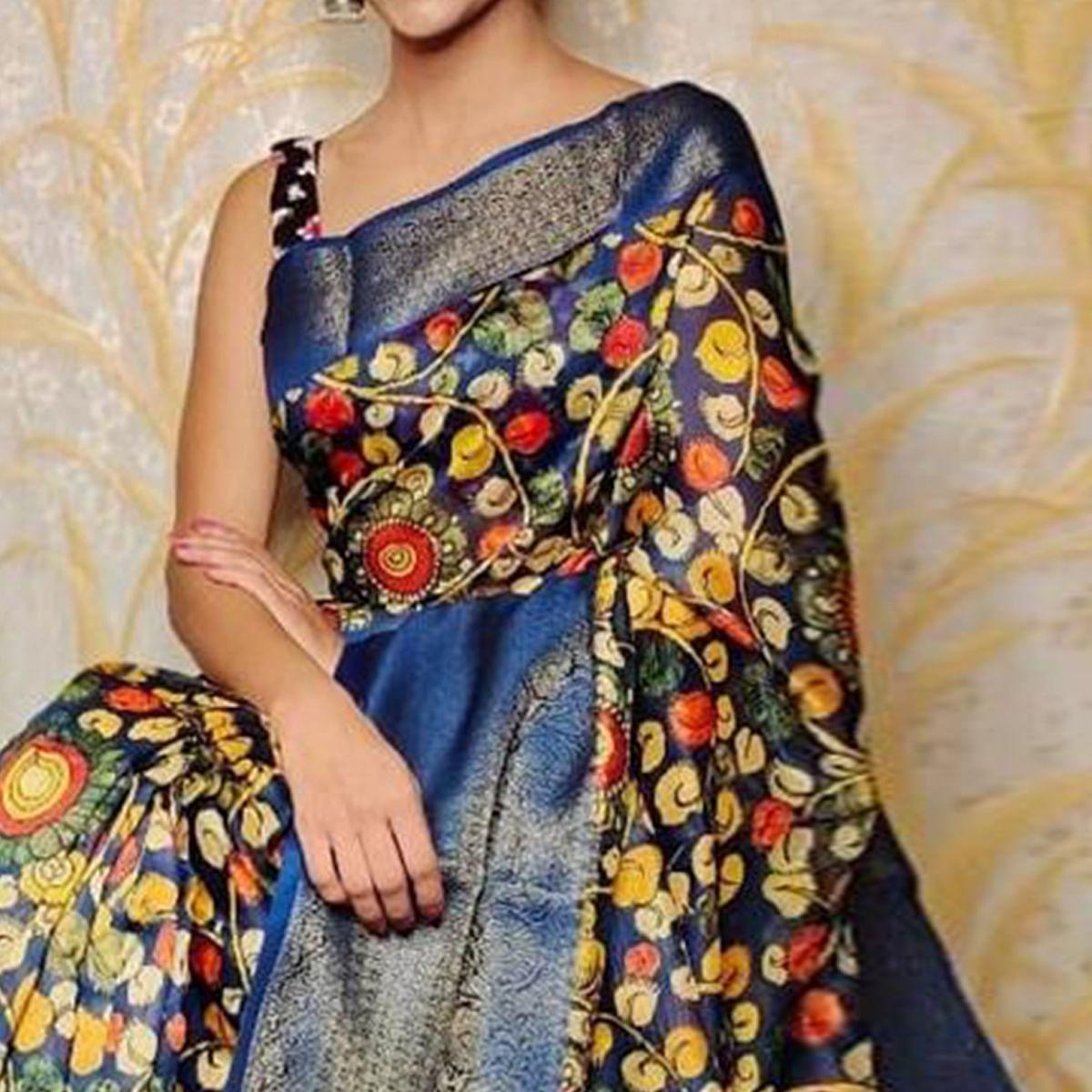 Blue Kalamkari Printed Chanderi Saree - Peachmode