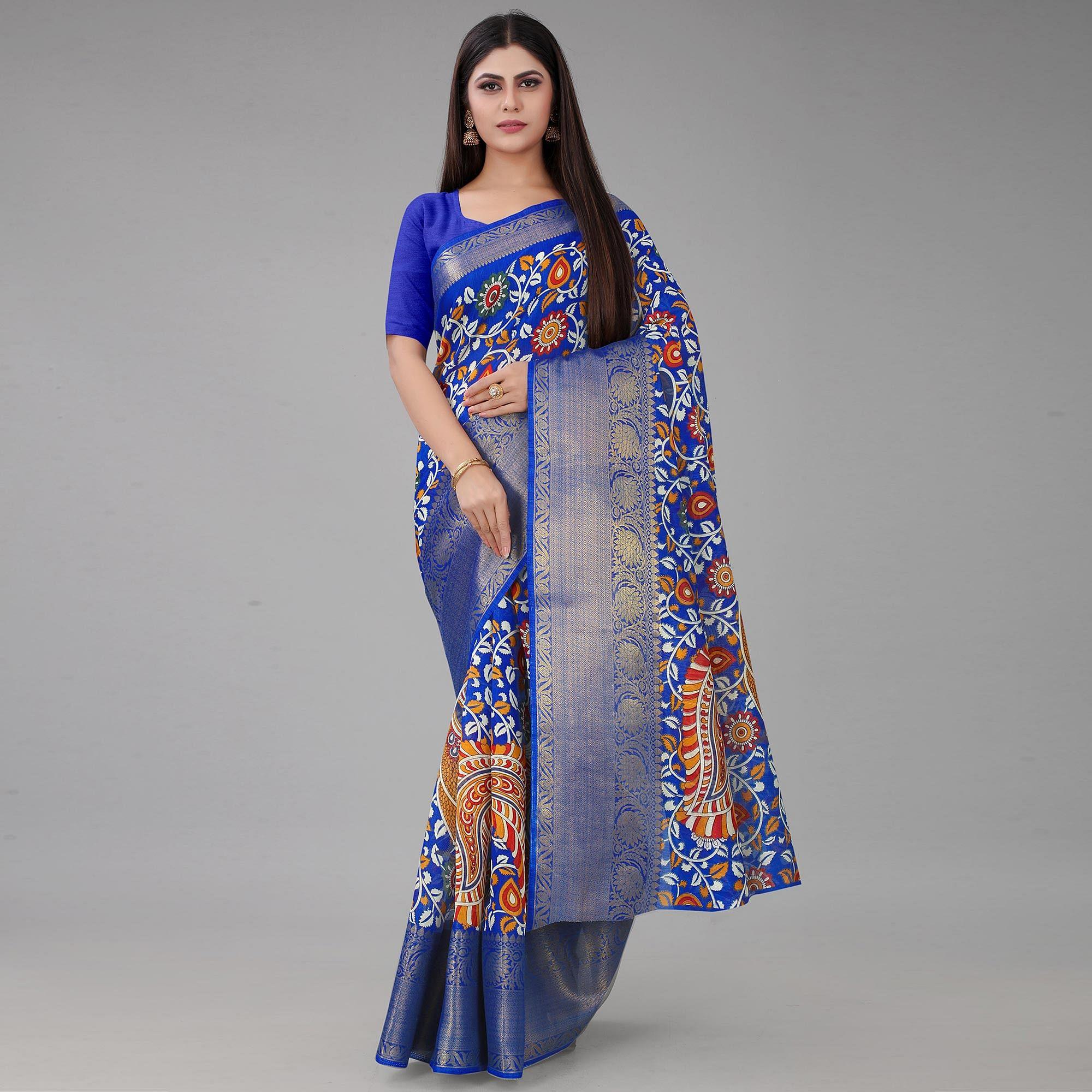 Blue Kalamkari Printed Chanderi Saree - Peachmode