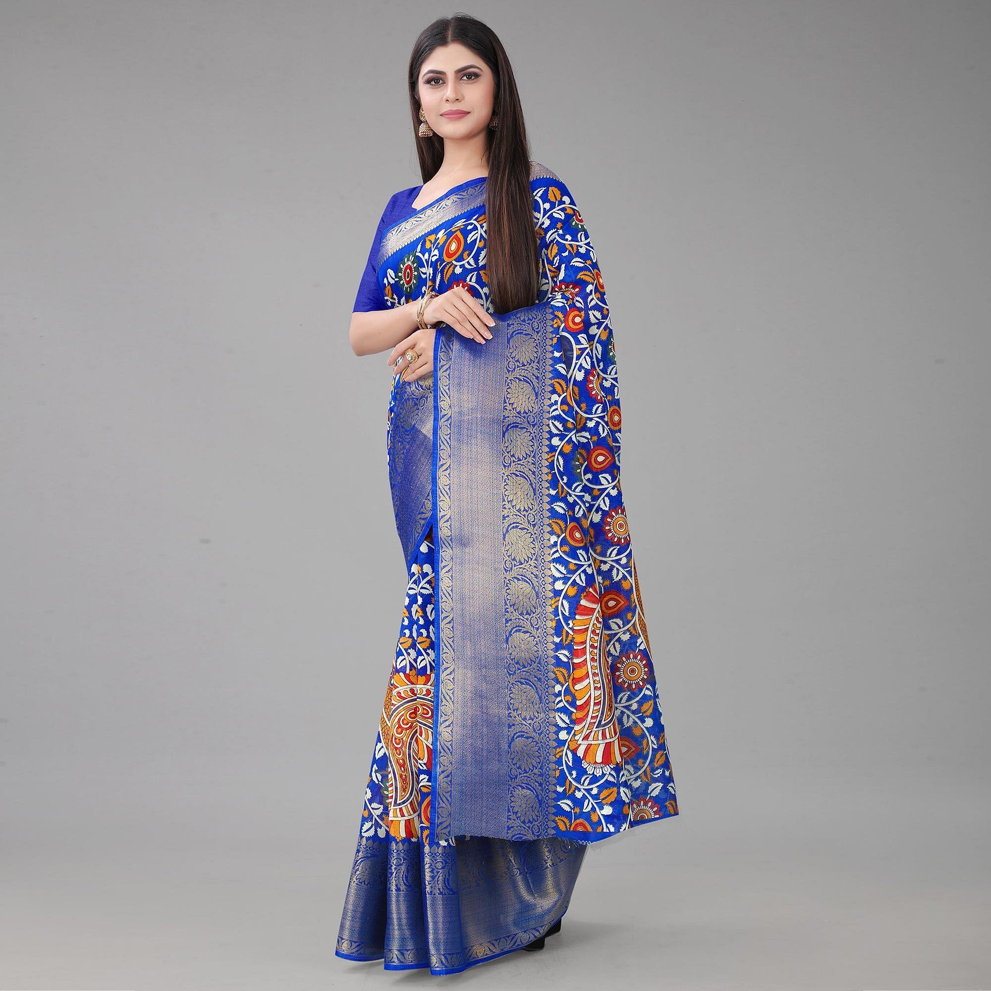 Blue Kalamkari Printed Chanderi Saree - Peachmode