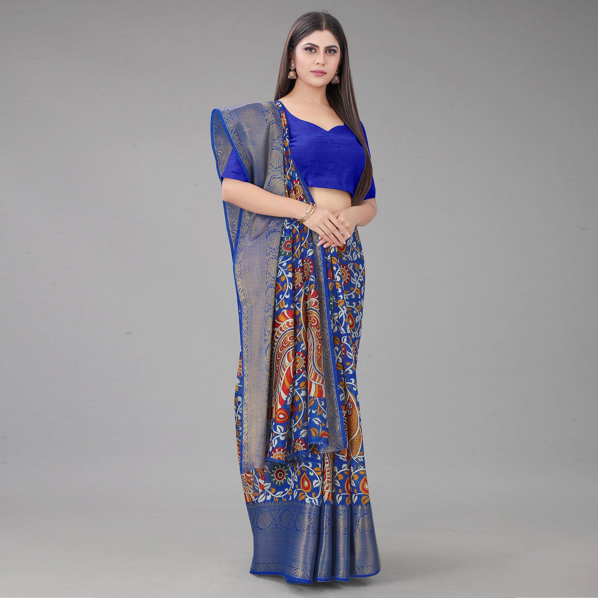 Blue Kalamkari Printed Chanderi Saree - Peachmode