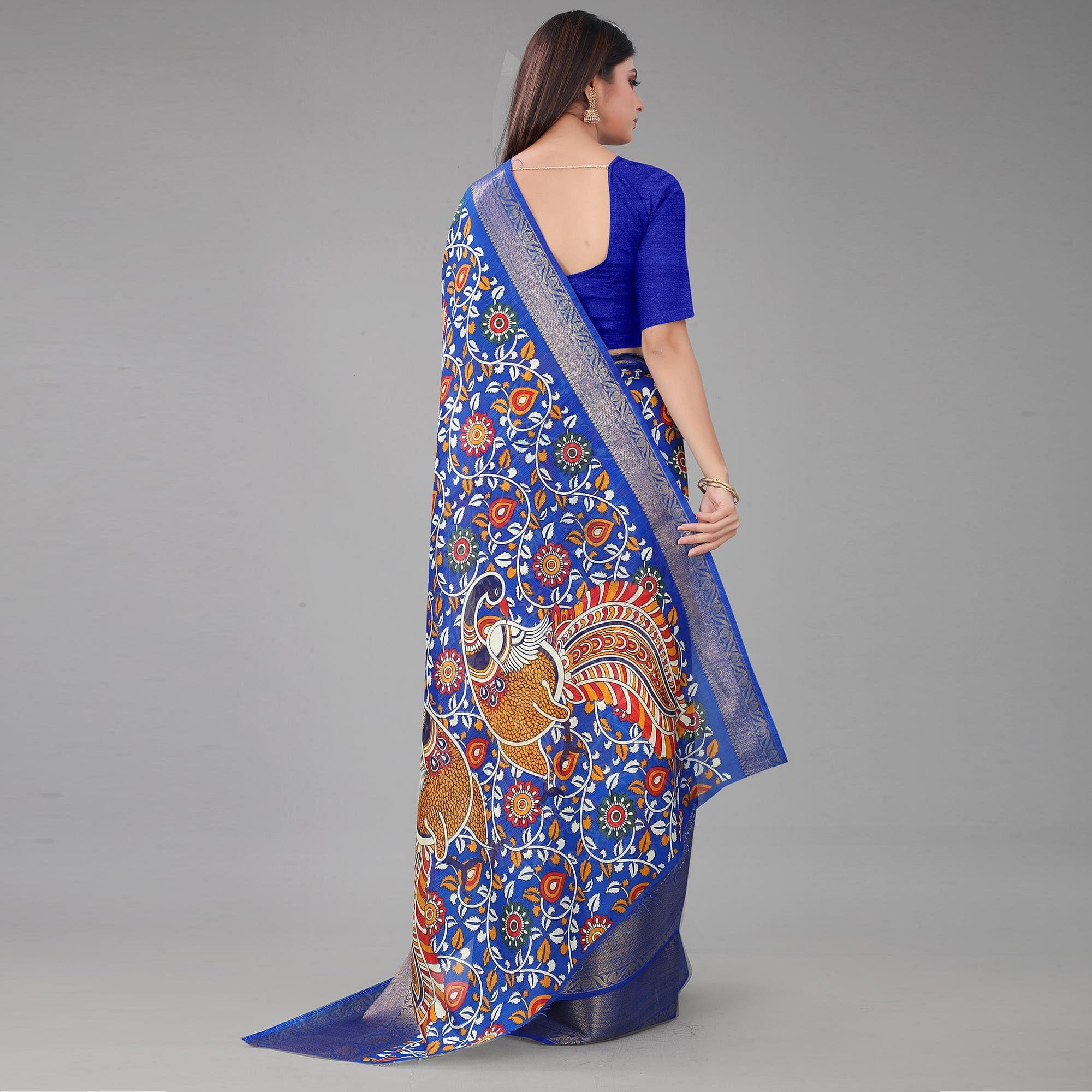 Blue Kalamkari Printed Chanderi Saree - Peachmode