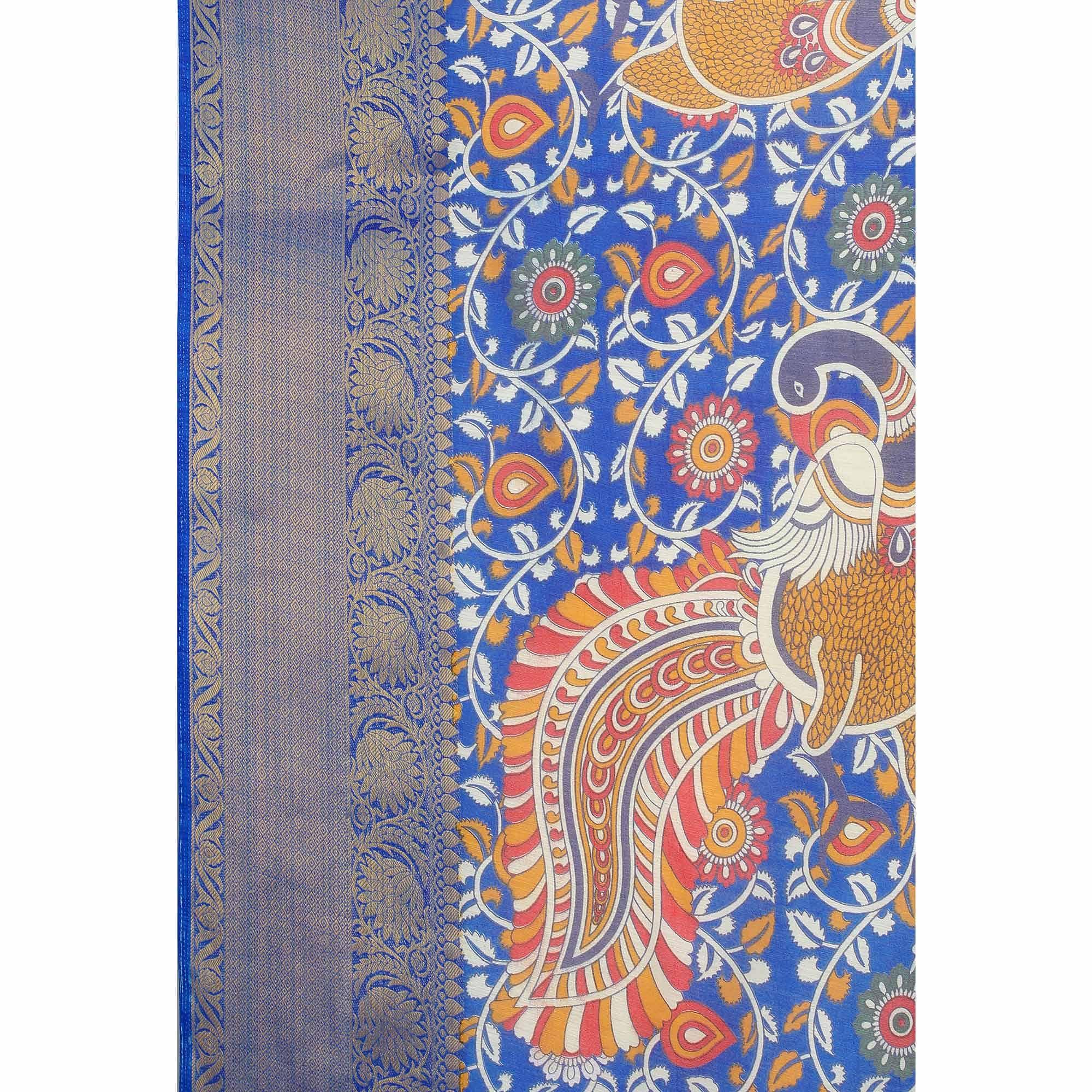 Blue Kalamkari Printed Chanderi Saree - Peachmode