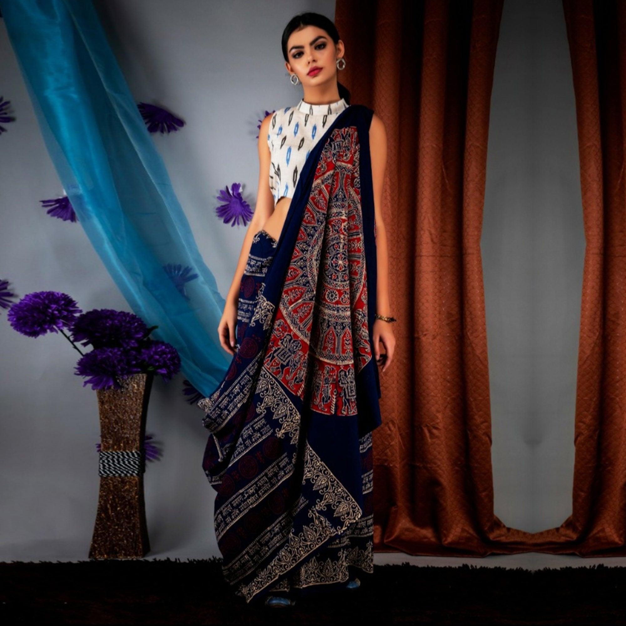 Blue Kalamkari Printed Linen Saree - Peachmode