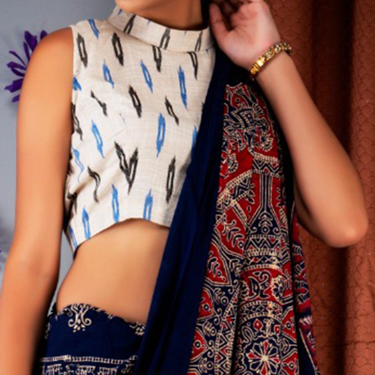 Blue Kalamkari Printed Linen Saree - Peachmode