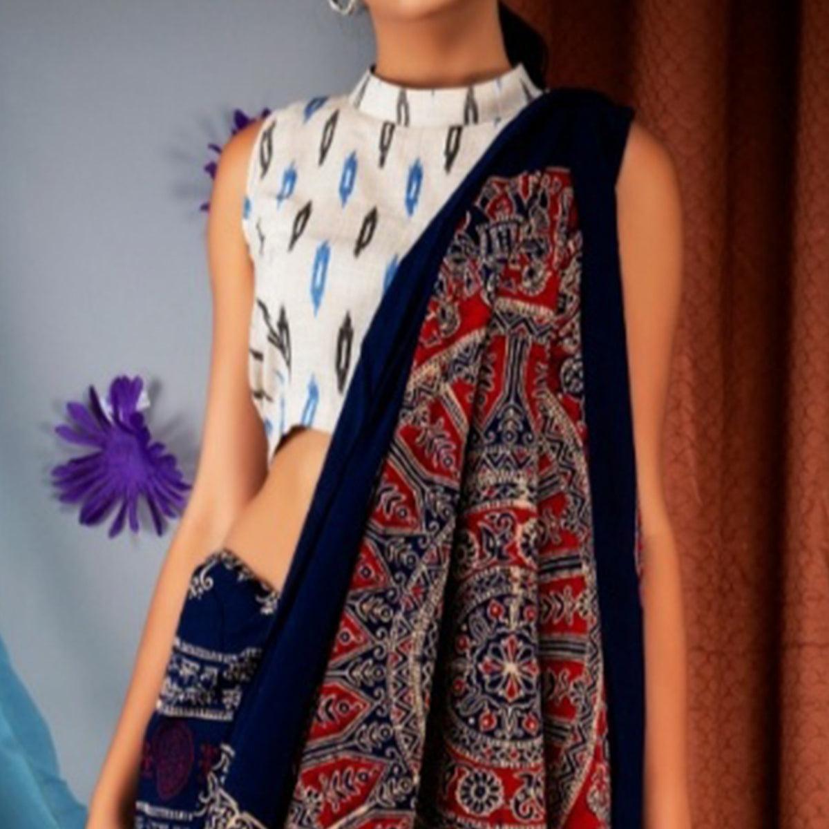 Blue Kalamkari Printed Linen Saree - Peachmode