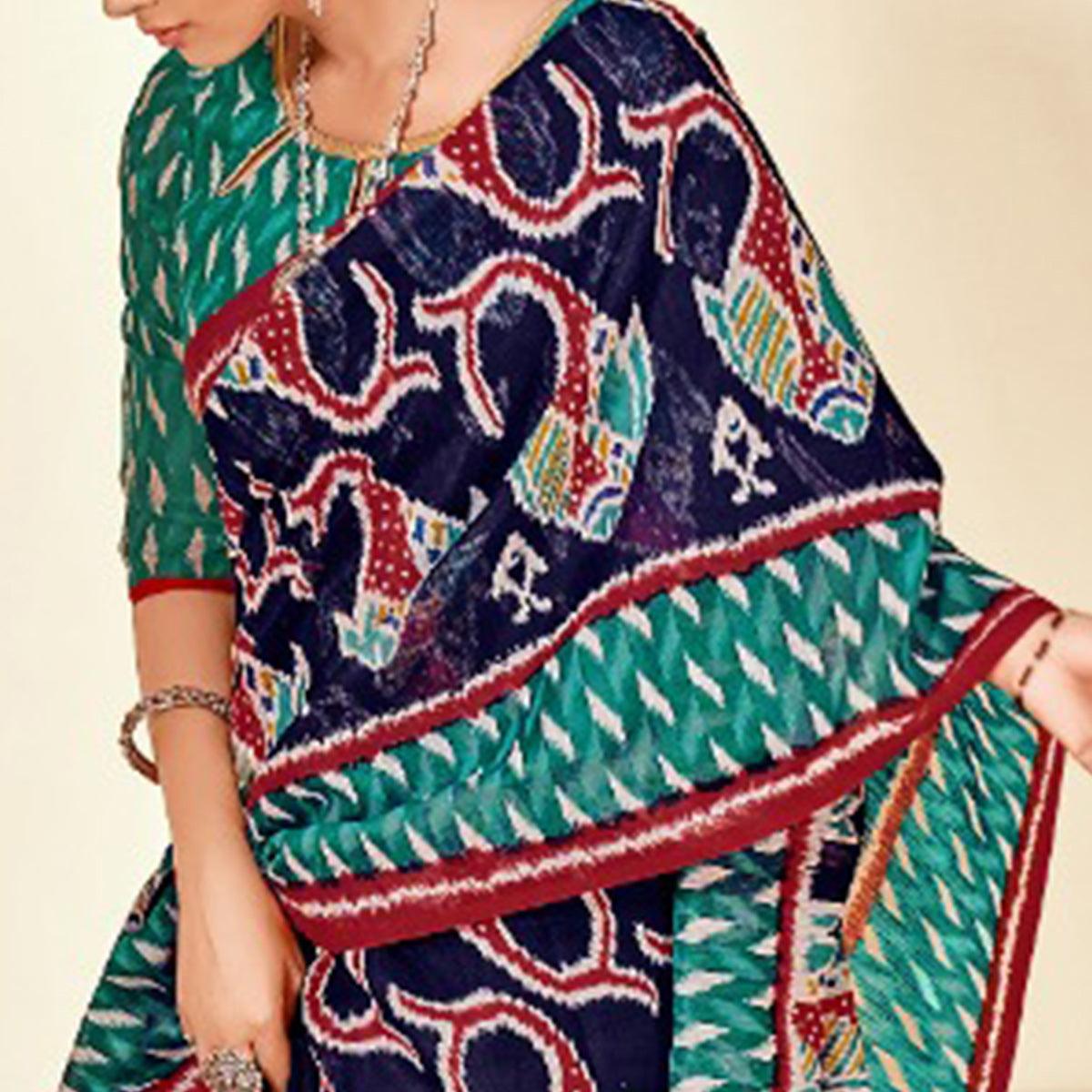 Blue Kalamkari Printed Poly Cotton Saree - Peachmode