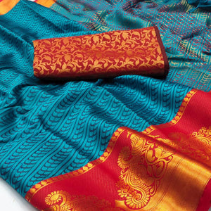 Blue Kalamkari Woven Cotton Silk Saree - Peachmode