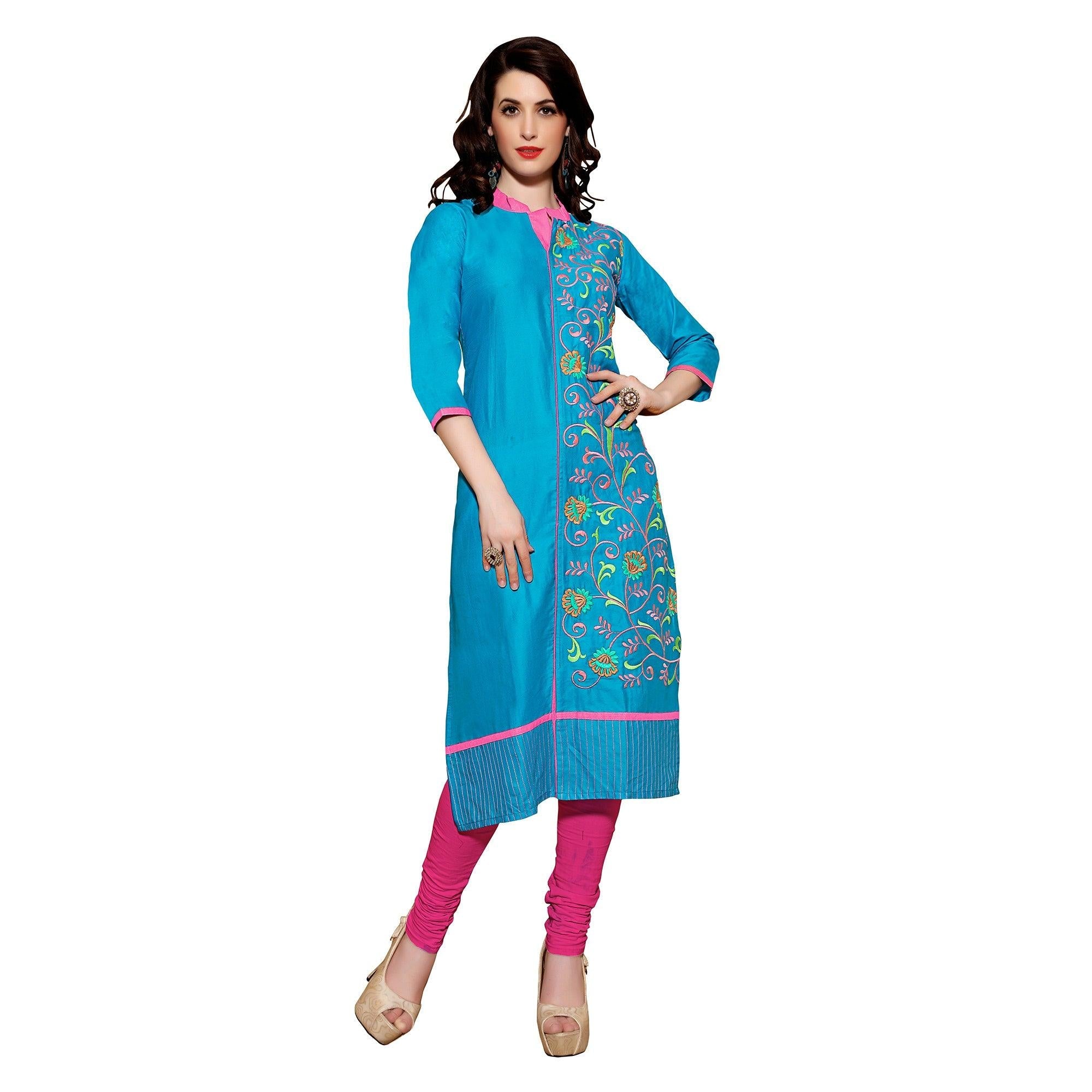 Blue Kurti with Heavy Embroidered Work - Peachmode