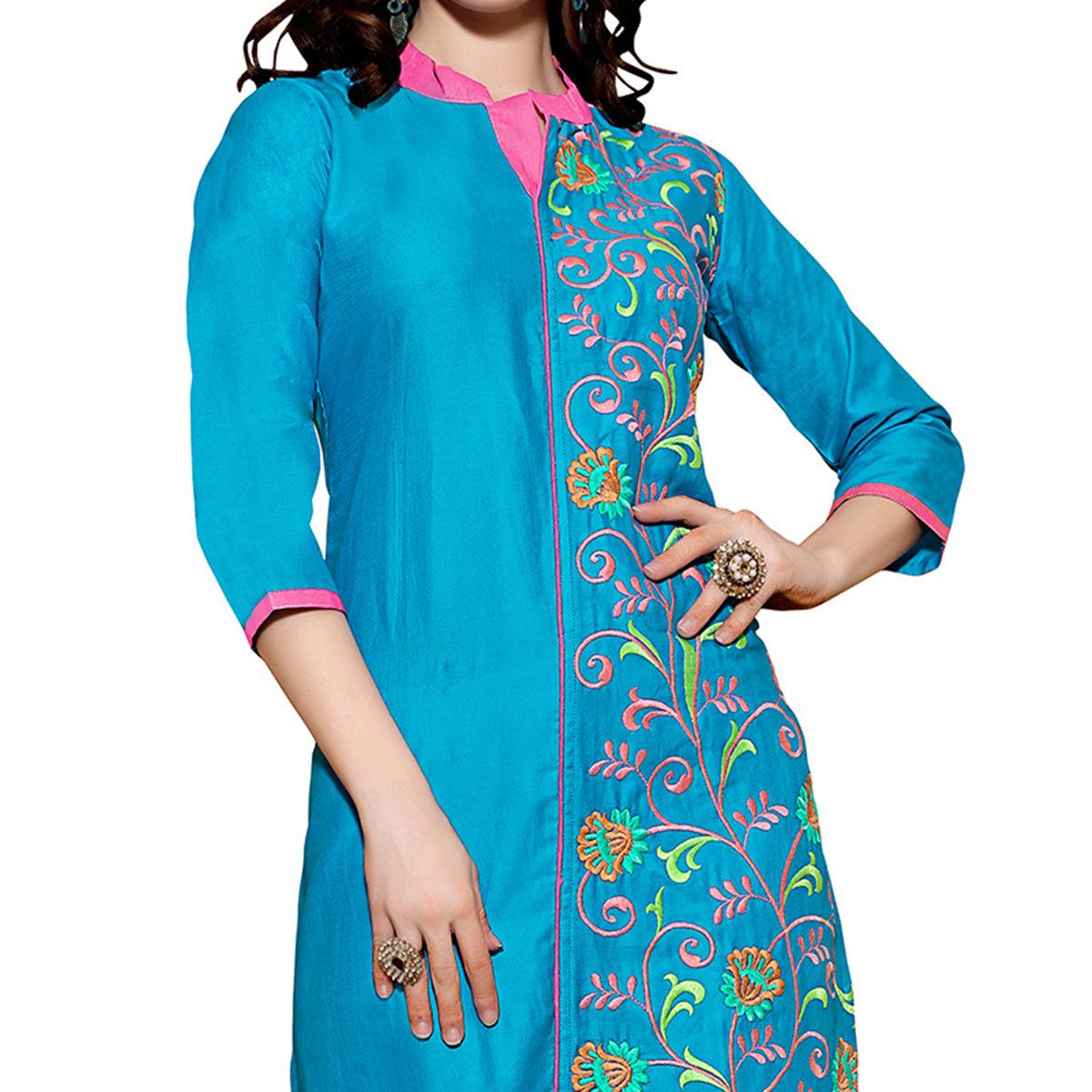 Blue Kurti with Heavy Embroidered Work - Peachmode