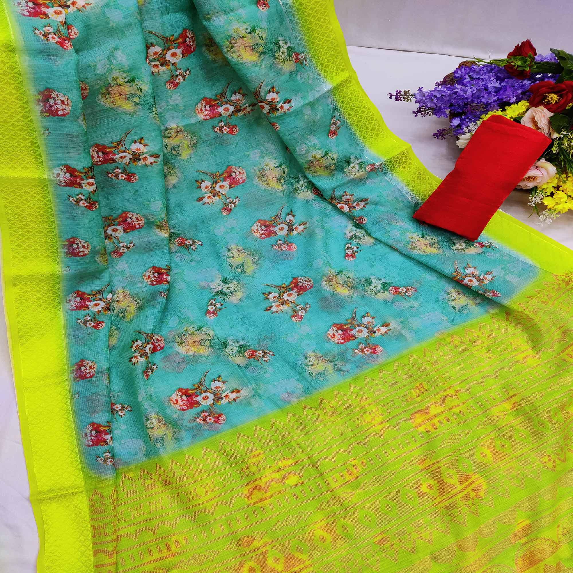 Blue-Lemon Festive Wear Floral Digital Printed With Woven Border Soft Cotton Saree - Peachmode