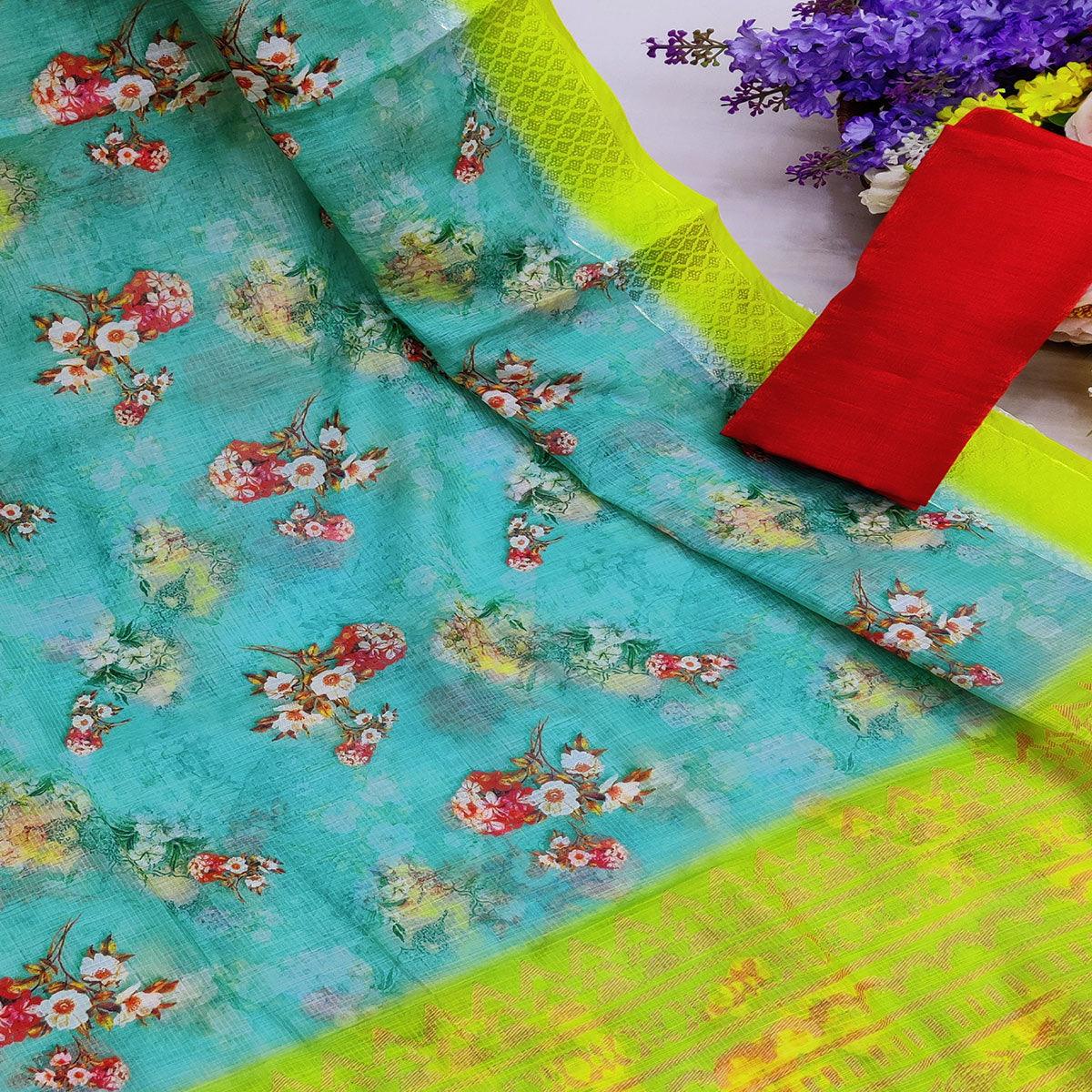 Blue-Lemon Festive Wear Floral Digital Printed With Woven Border Soft Cotton Saree - Peachmode