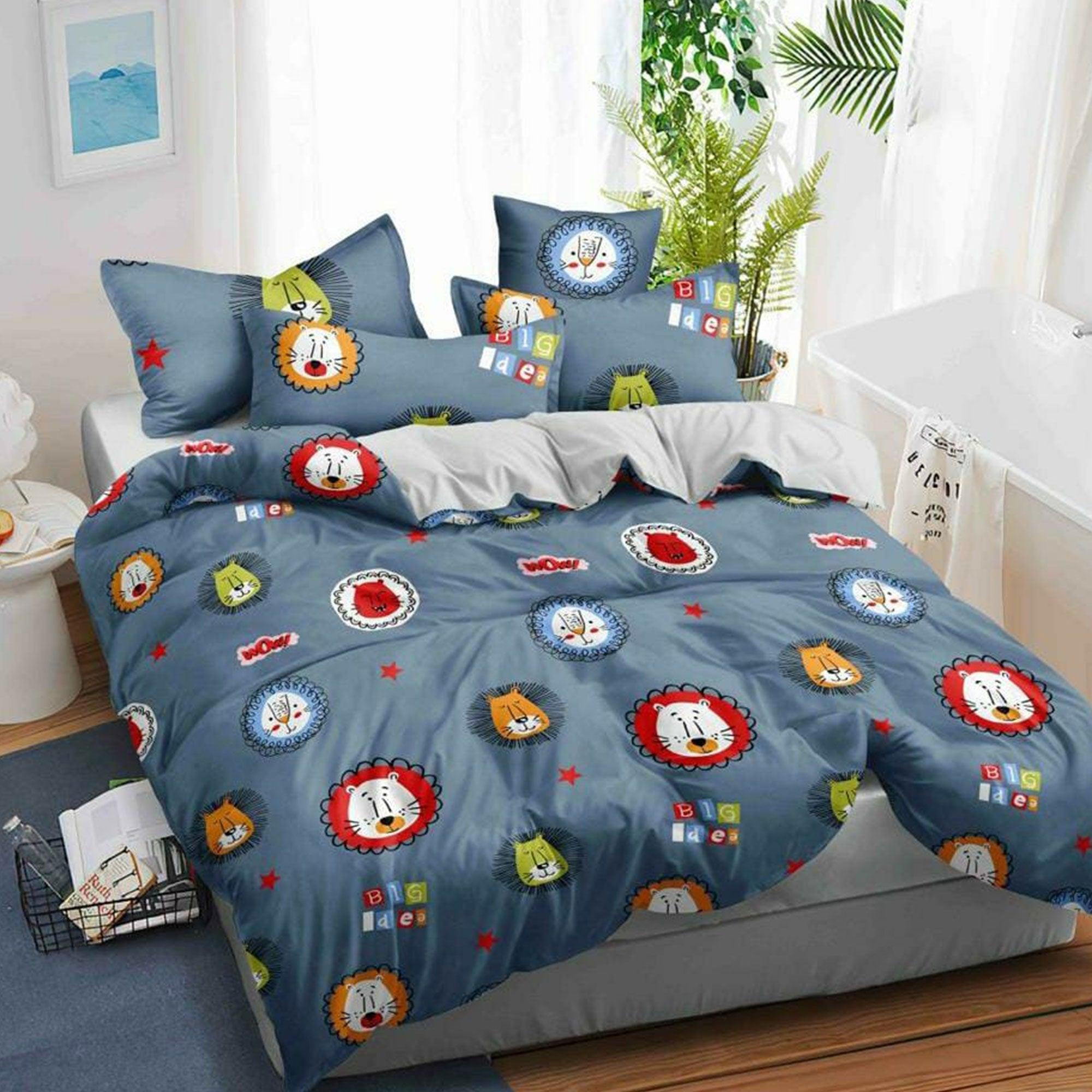 Blue Lion Printed Kids Bedsheet With Pillow Cover - Peachmode