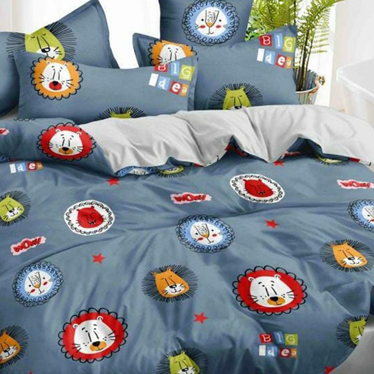 Blue Lion Printed Kids Bedsheet With Pillow Cover - Peachmode
